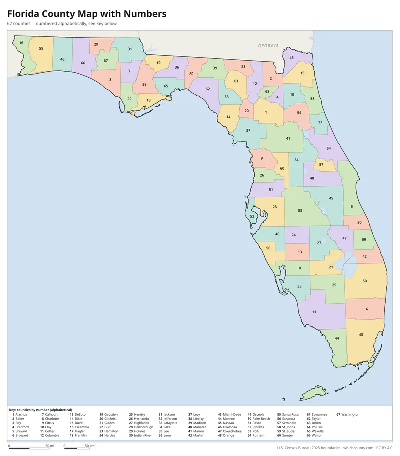 Florida county map with numbers