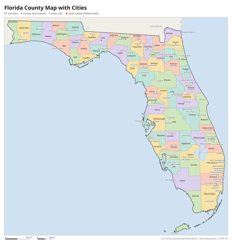 Florida county map with cities and county seats