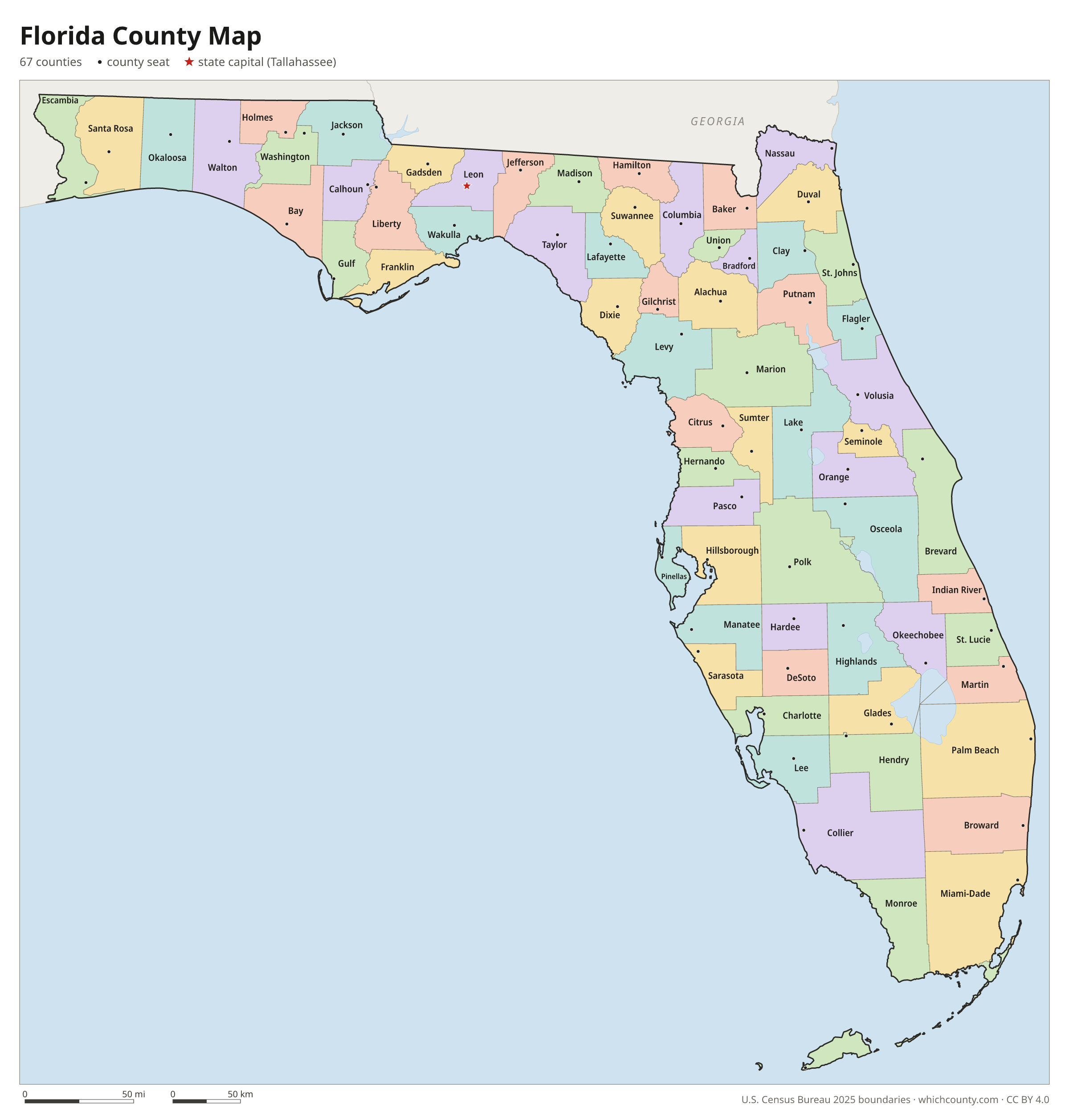 Florida county map showing all 67 counties with county names and county seats