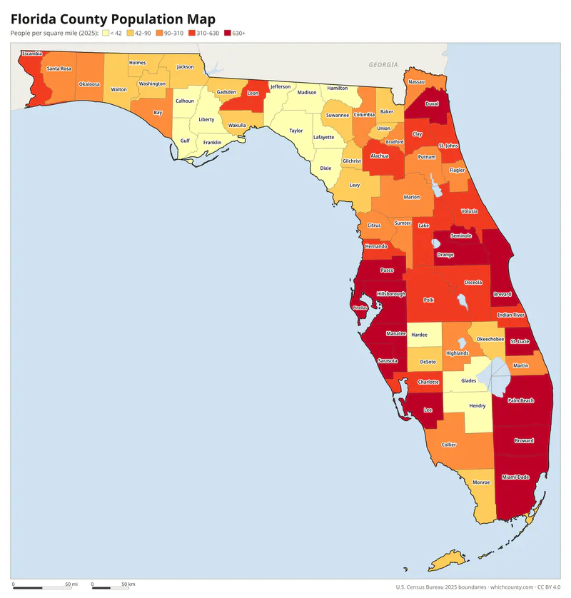 Map of Florida counties shaded by population density