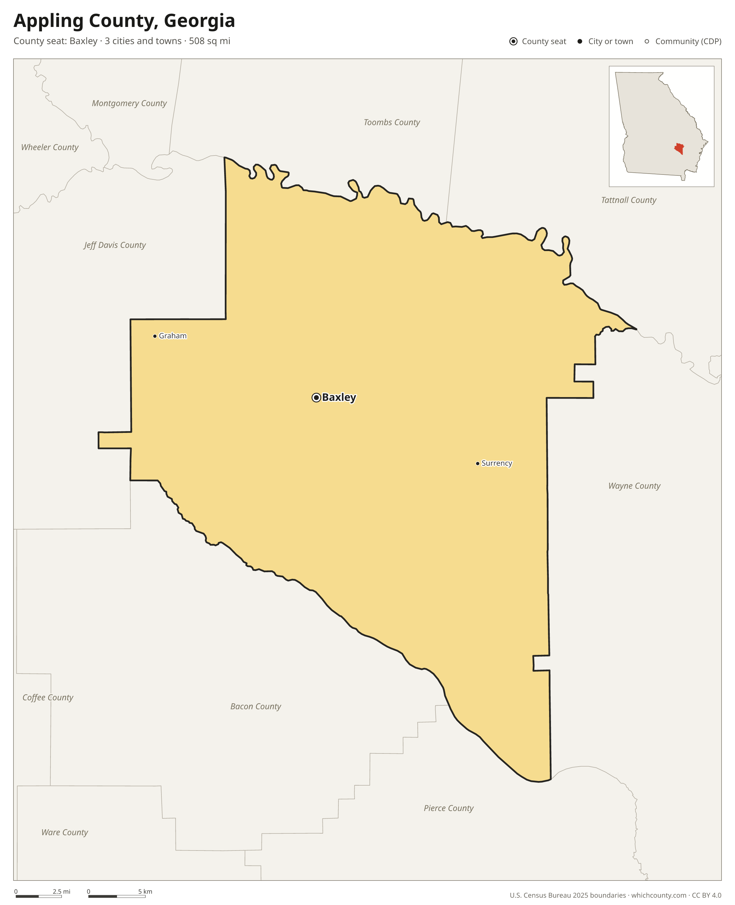 Map of Appling County, Georgia with cities, towns and the county boundary