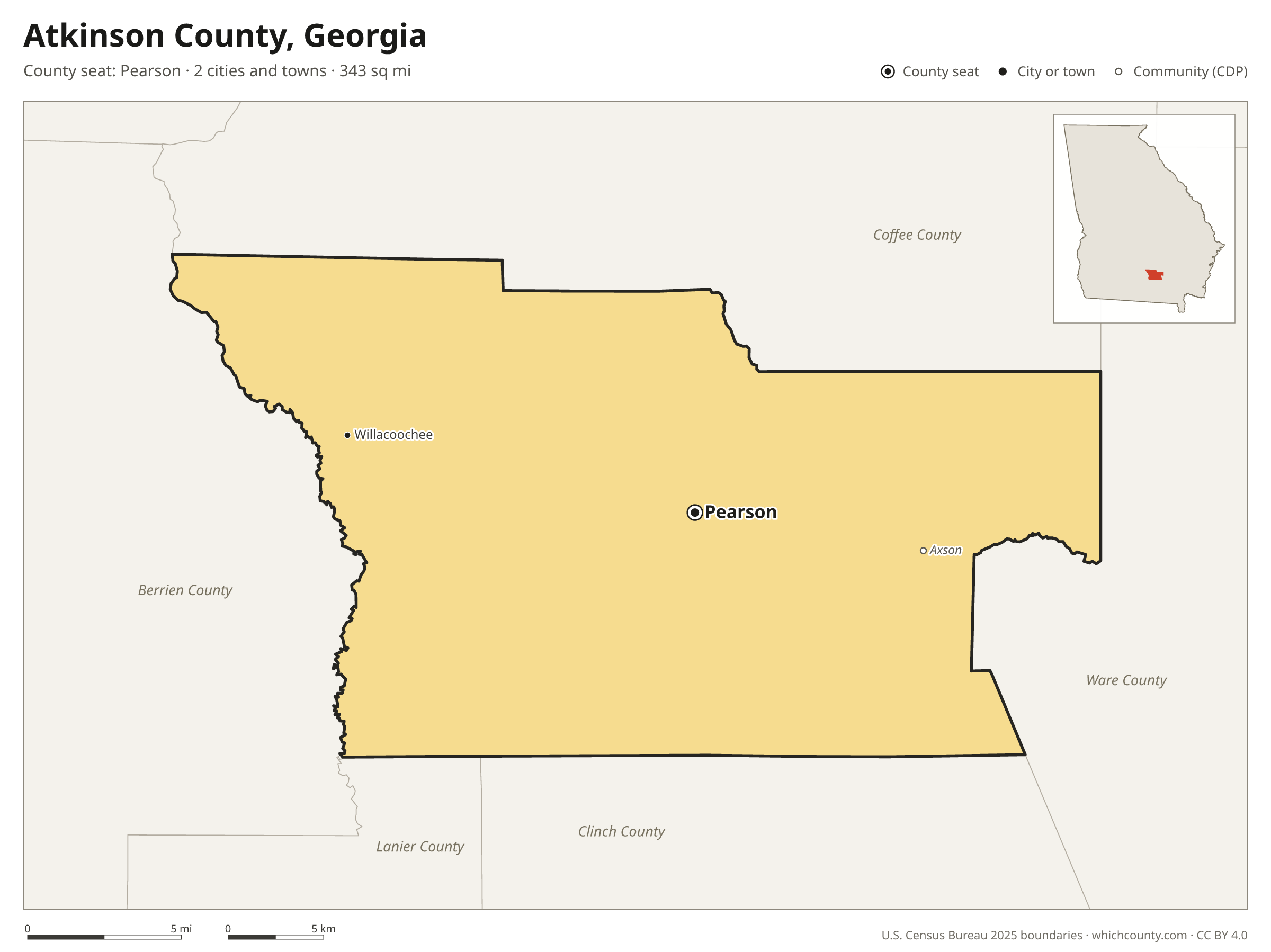 Map of Atkinson County, Georgia with cities, towns and the county boundary