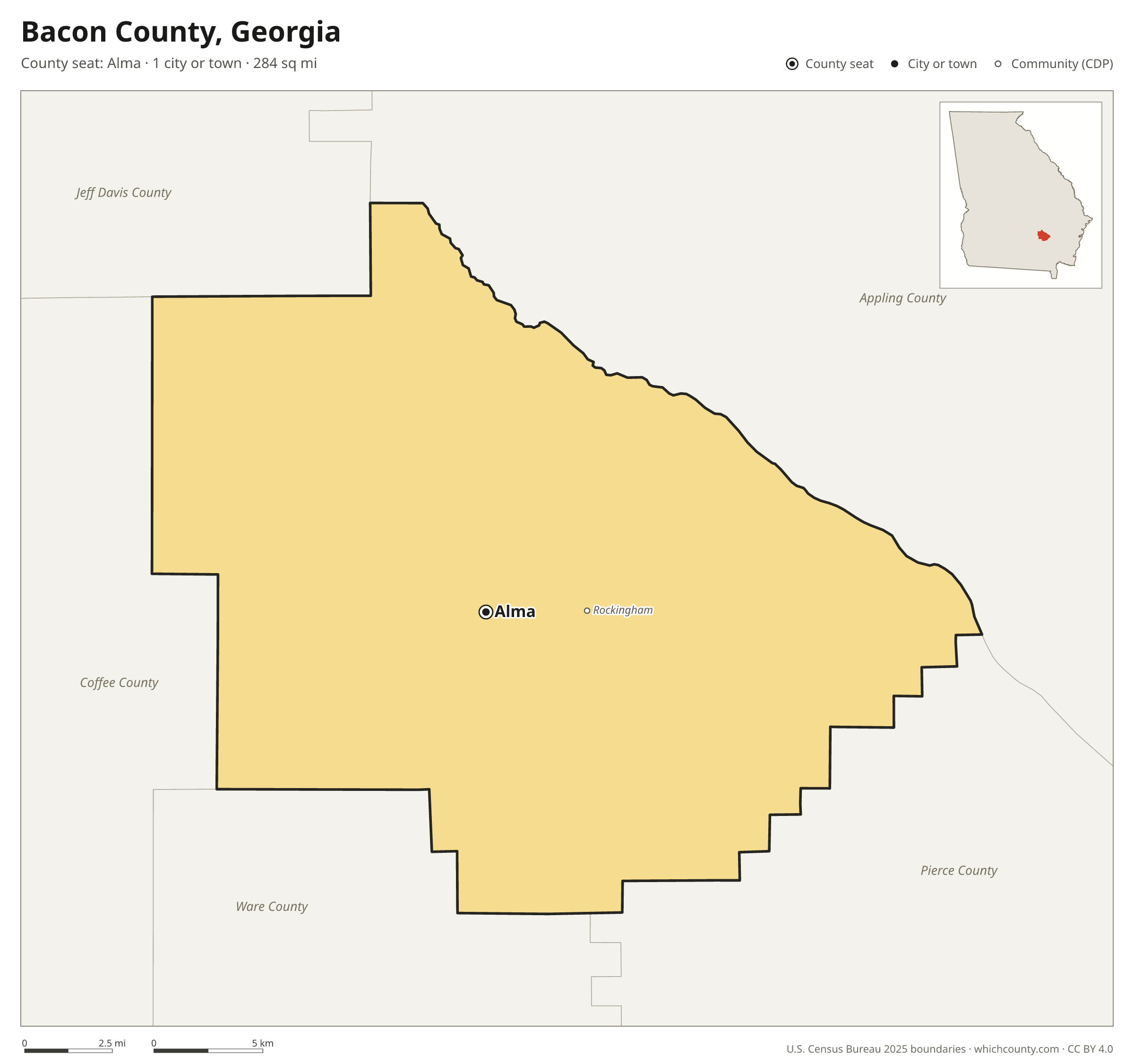 Map of Bacon County, Georgia with cities, towns and the county boundary