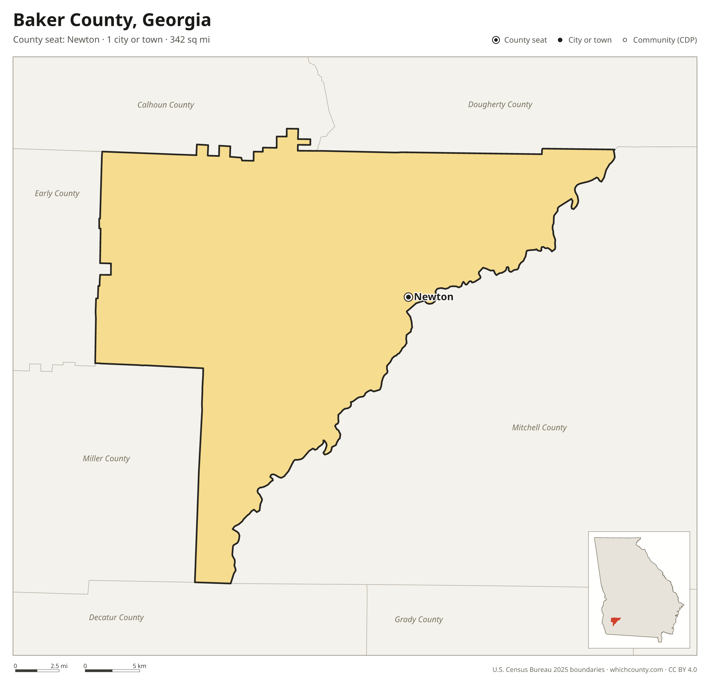 Map of Baker County, Georgia with cities, towns and the county boundary