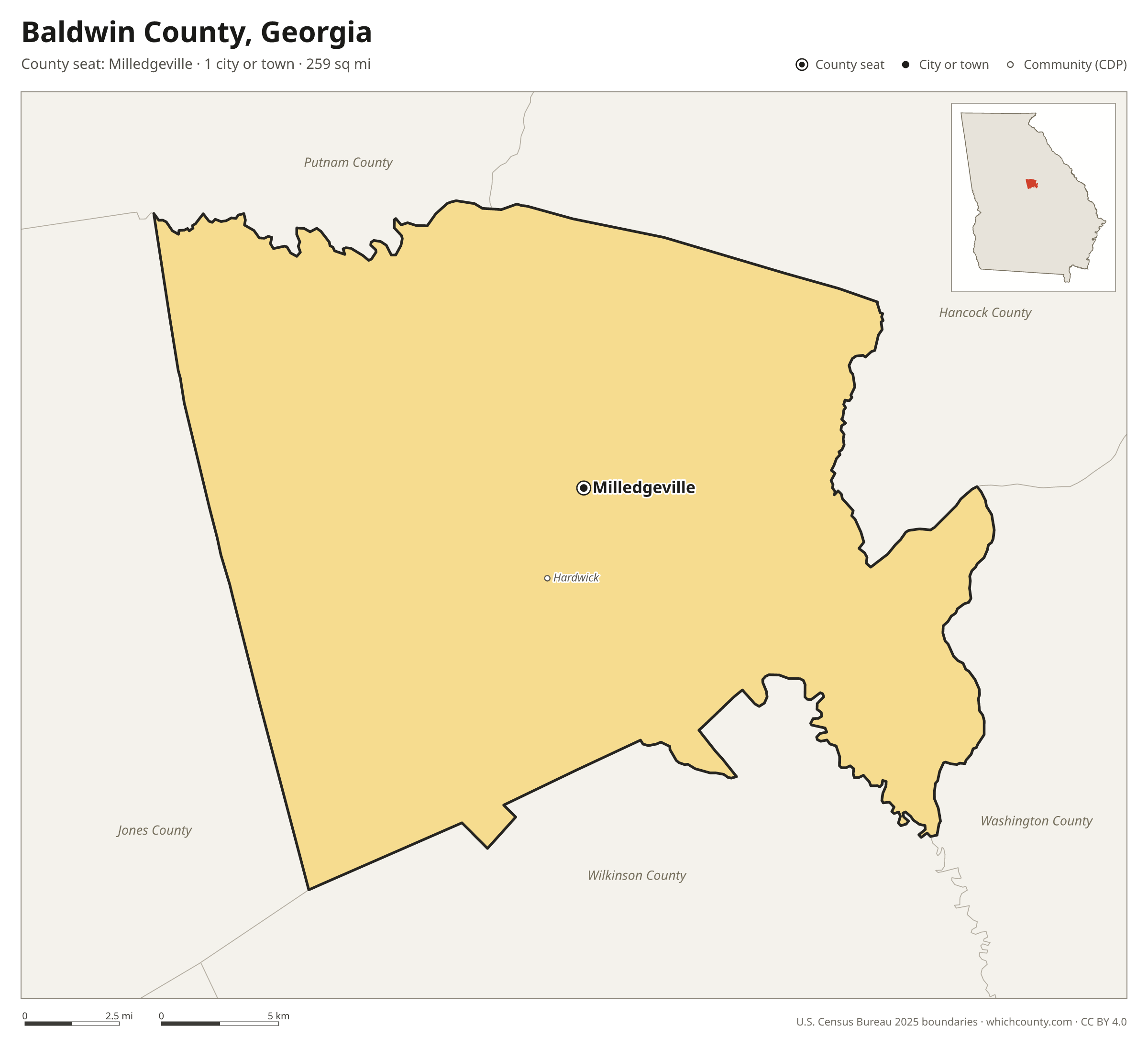 Map of Baldwin County, Georgia with cities, towns and the county boundary