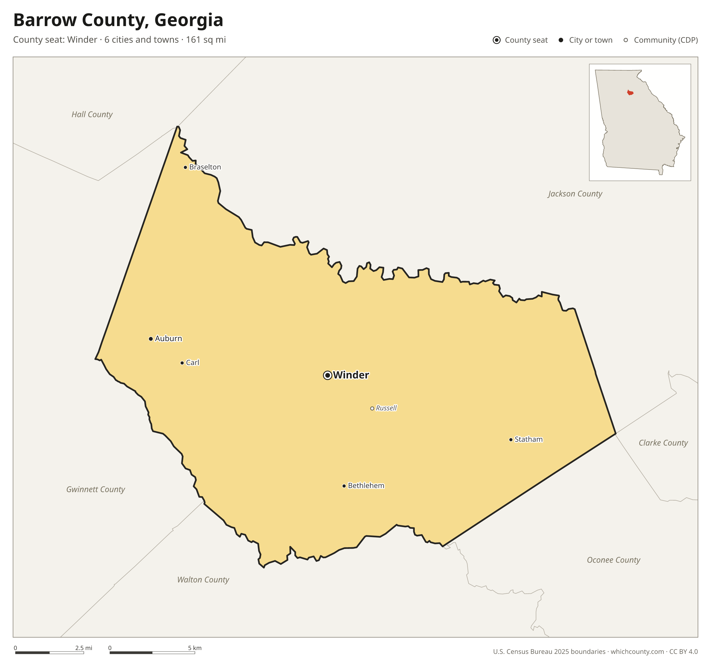 Map of Barrow County, Georgia with cities, towns and the county boundary