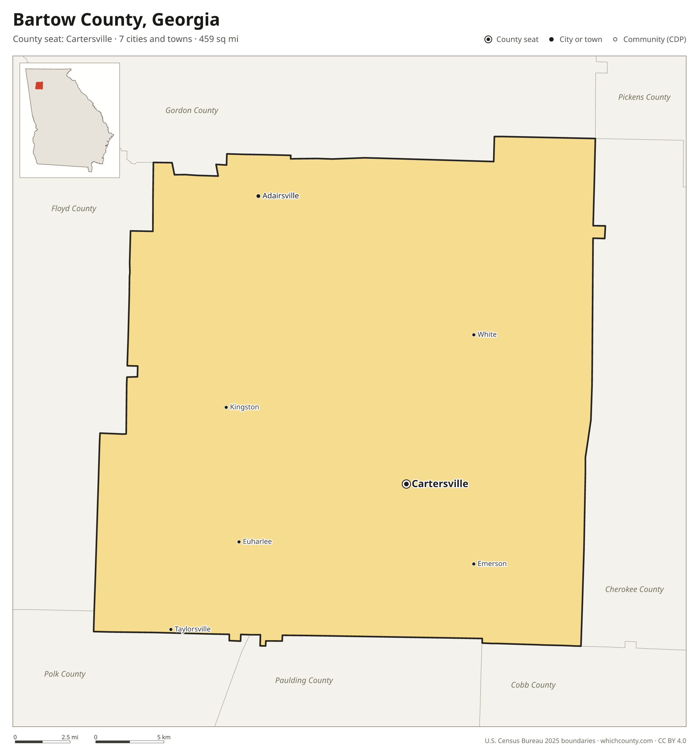 Map of Bartow County, Georgia with cities, towns and the county boundary