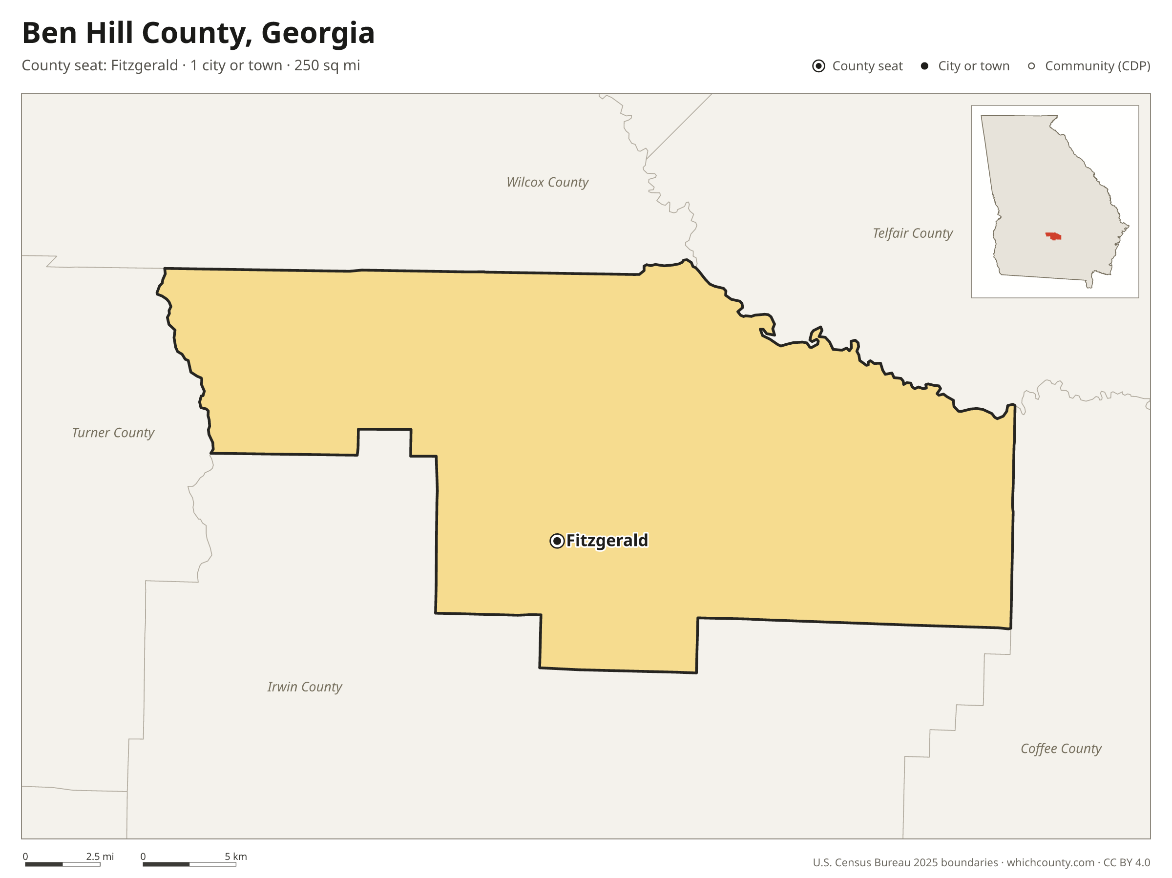 Map of Ben Hill County, Georgia with cities, towns and the county boundary
