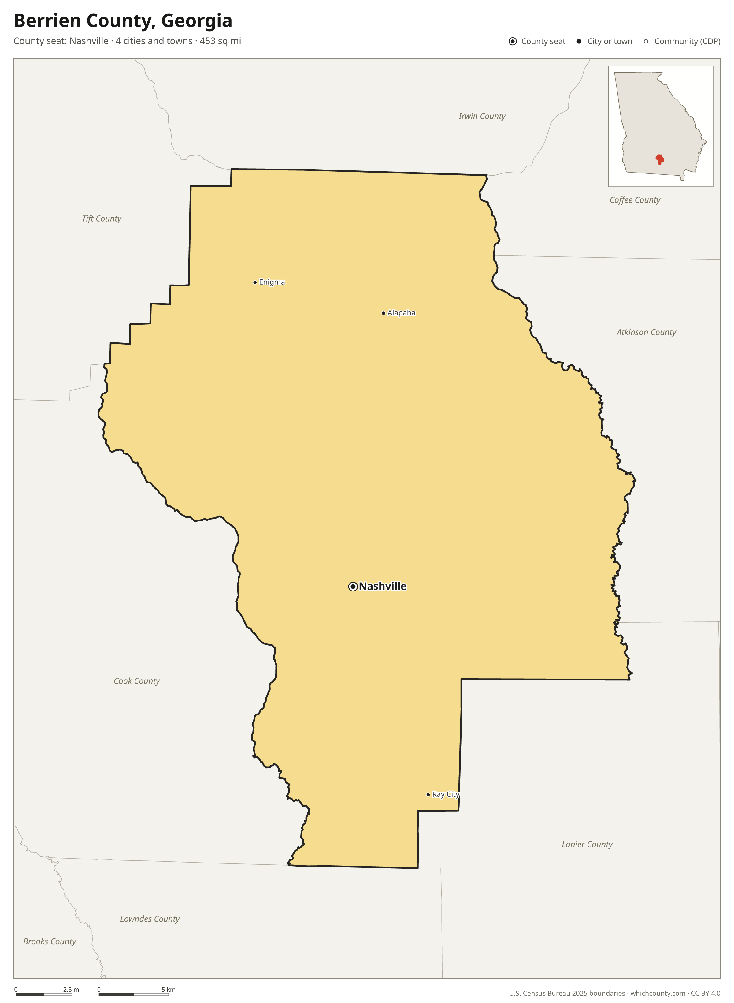 Map of Berrien County, Georgia with cities, towns and the county boundary