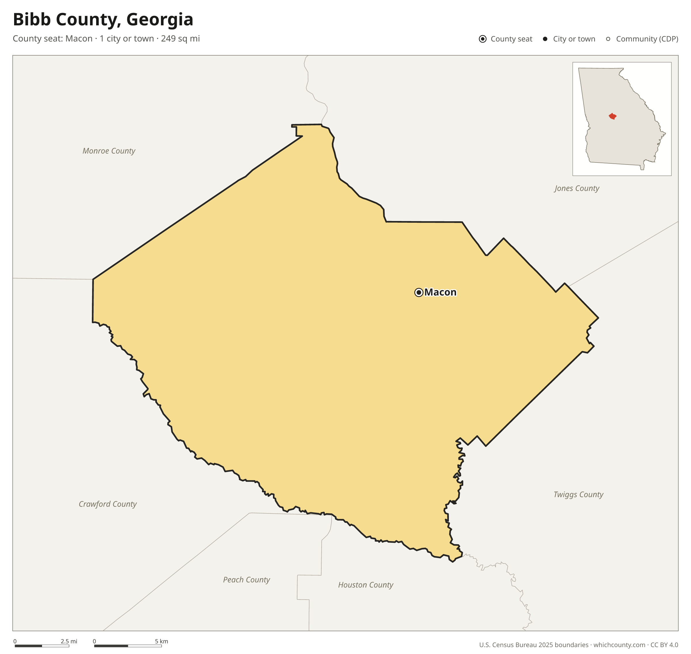Map of Bibb County, Georgia with cities, towns and the county boundary