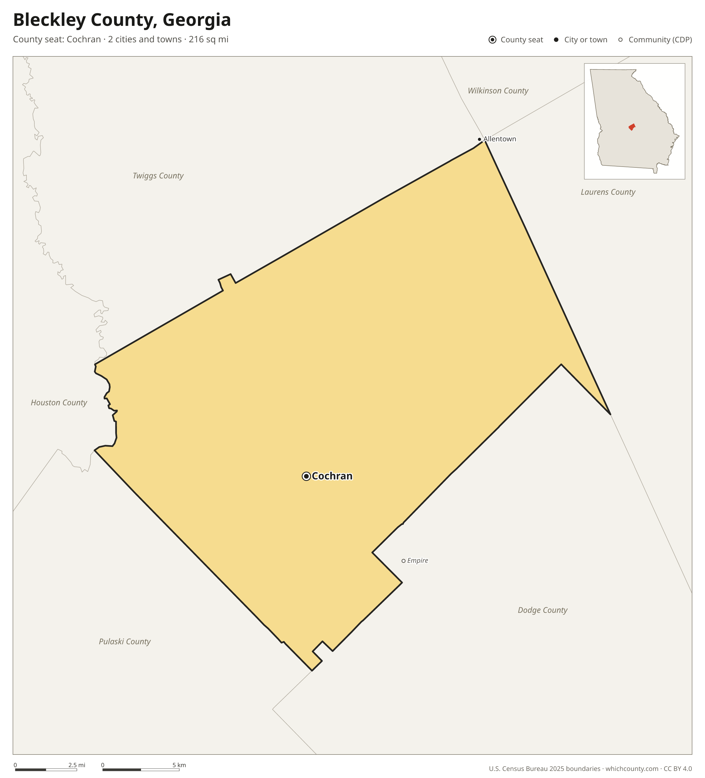 Map of Bleckley County, Georgia with cities, towns and the county boundary