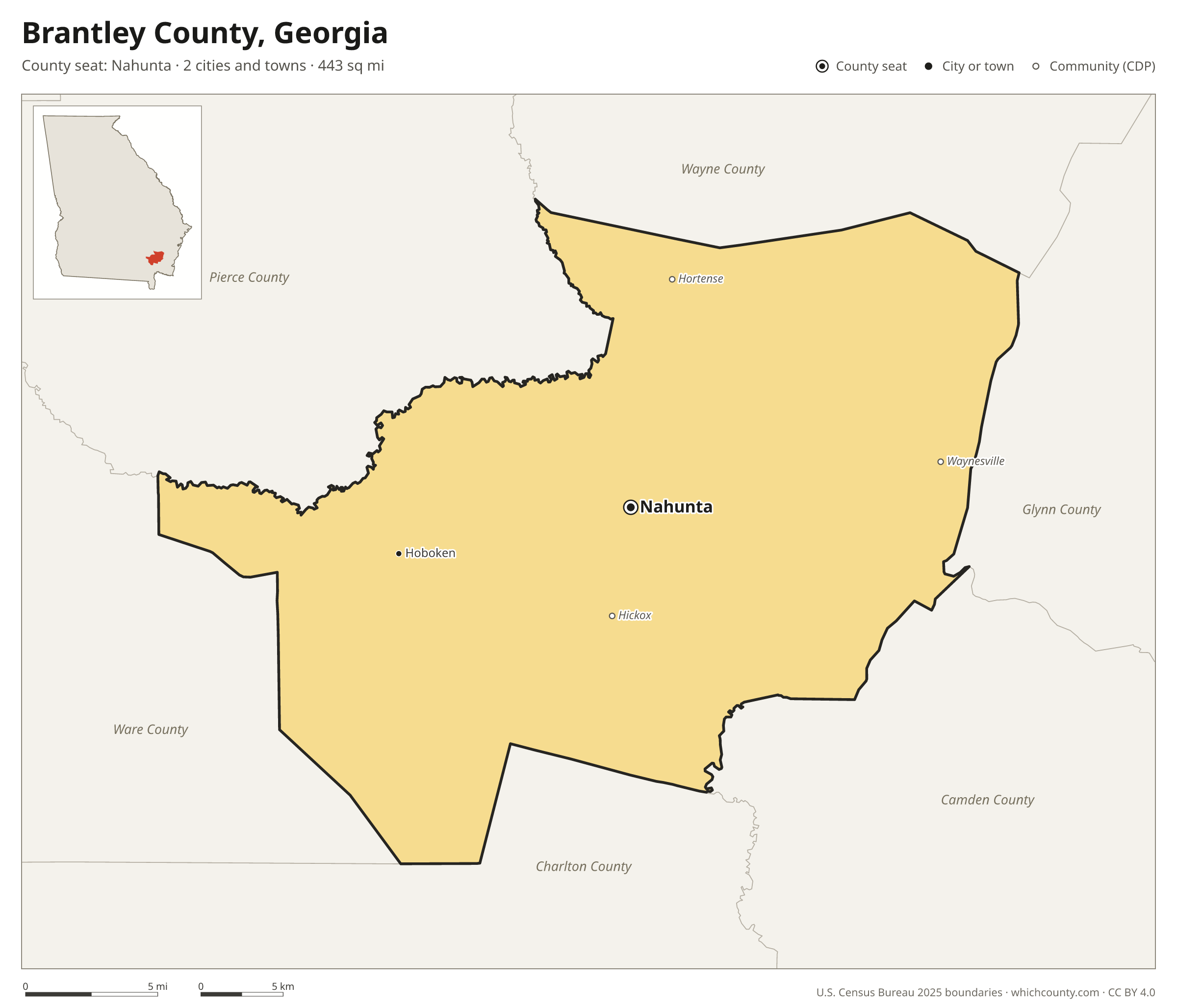 Map of Brantley County, Georgia with cities, towns and the county boundary