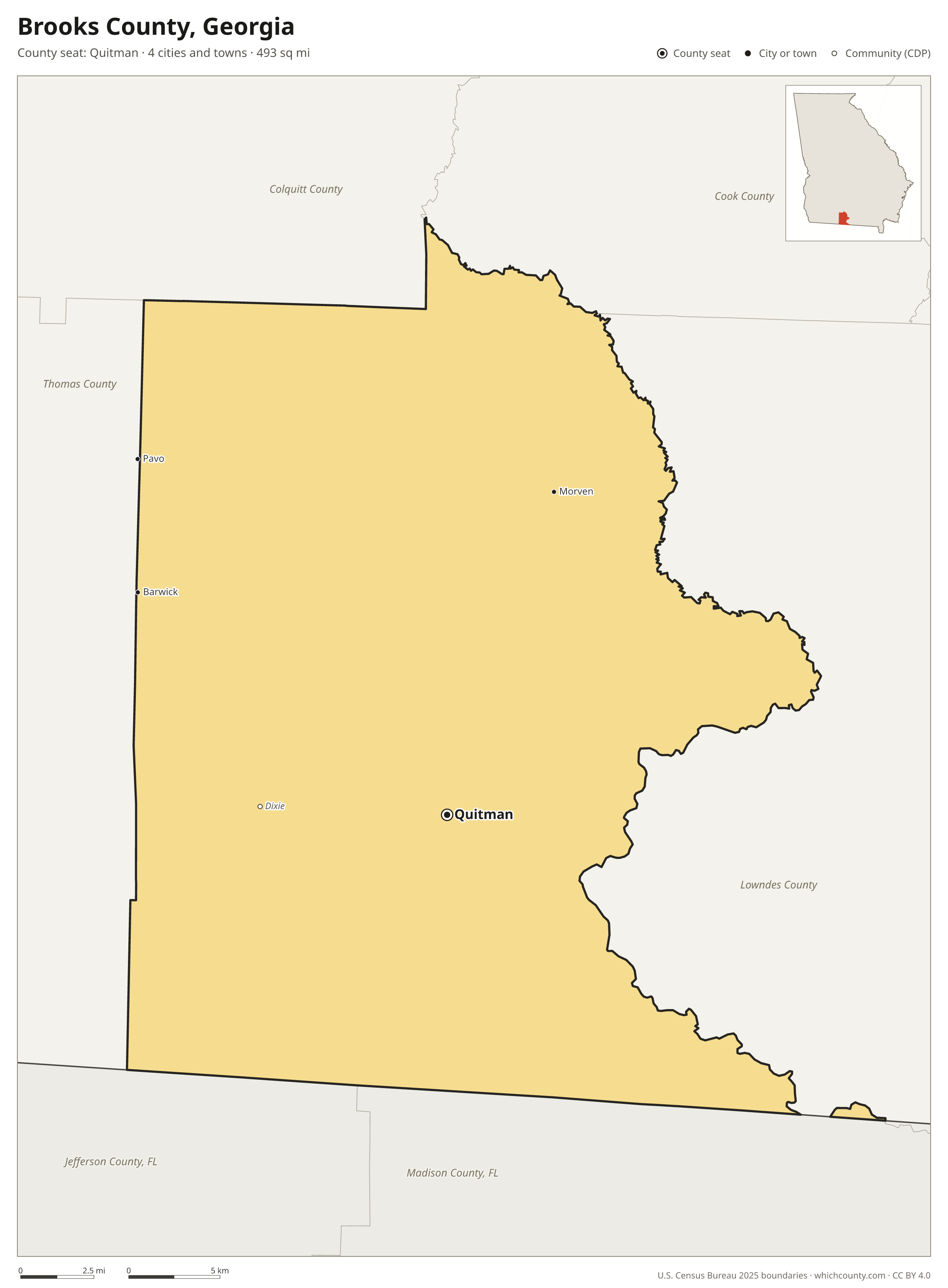 Map of Brooks County, Georgia with cities, towns and the county boundary