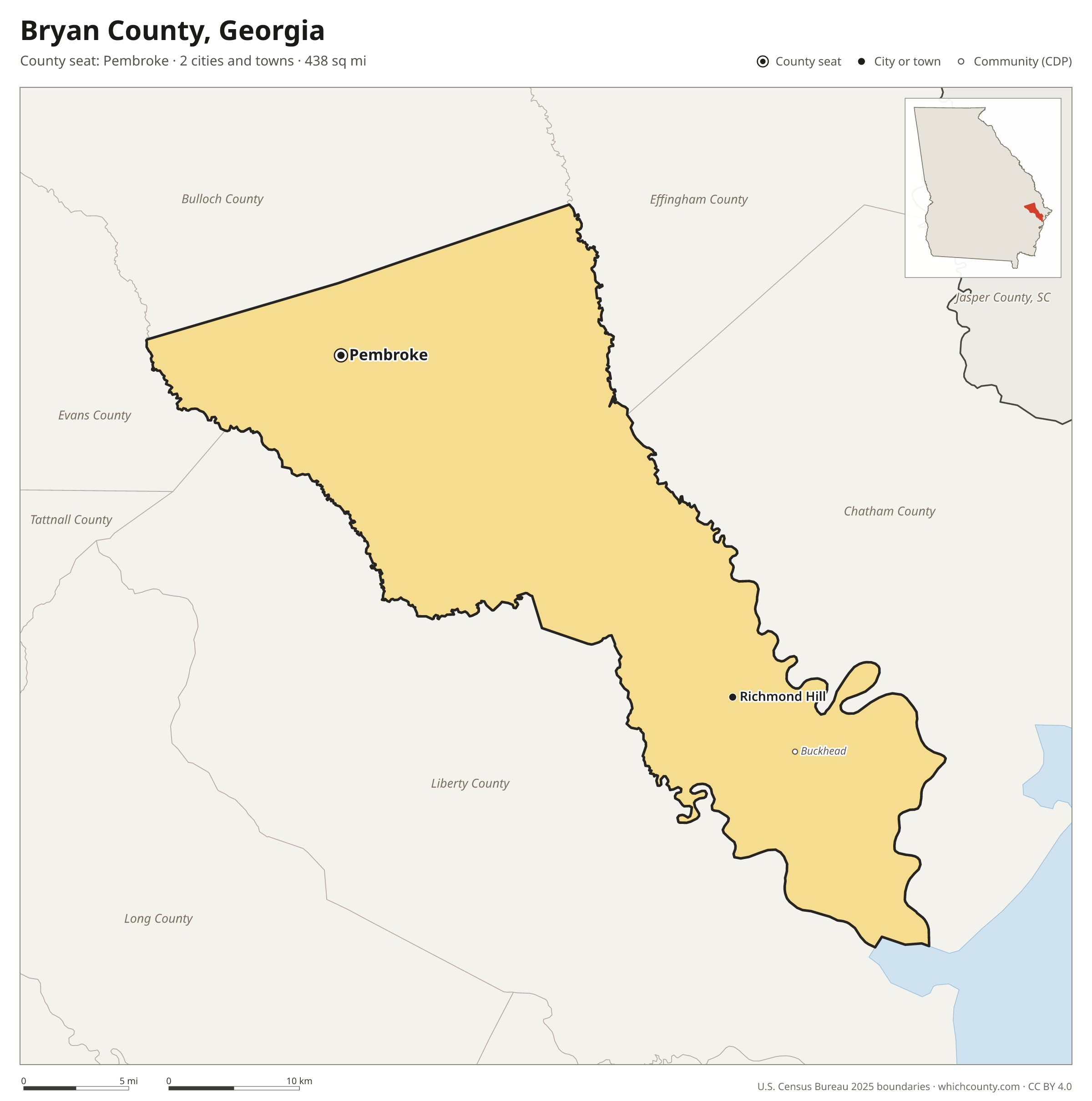 Map of Bryan County, Georgia with cities, towns and the county boundary