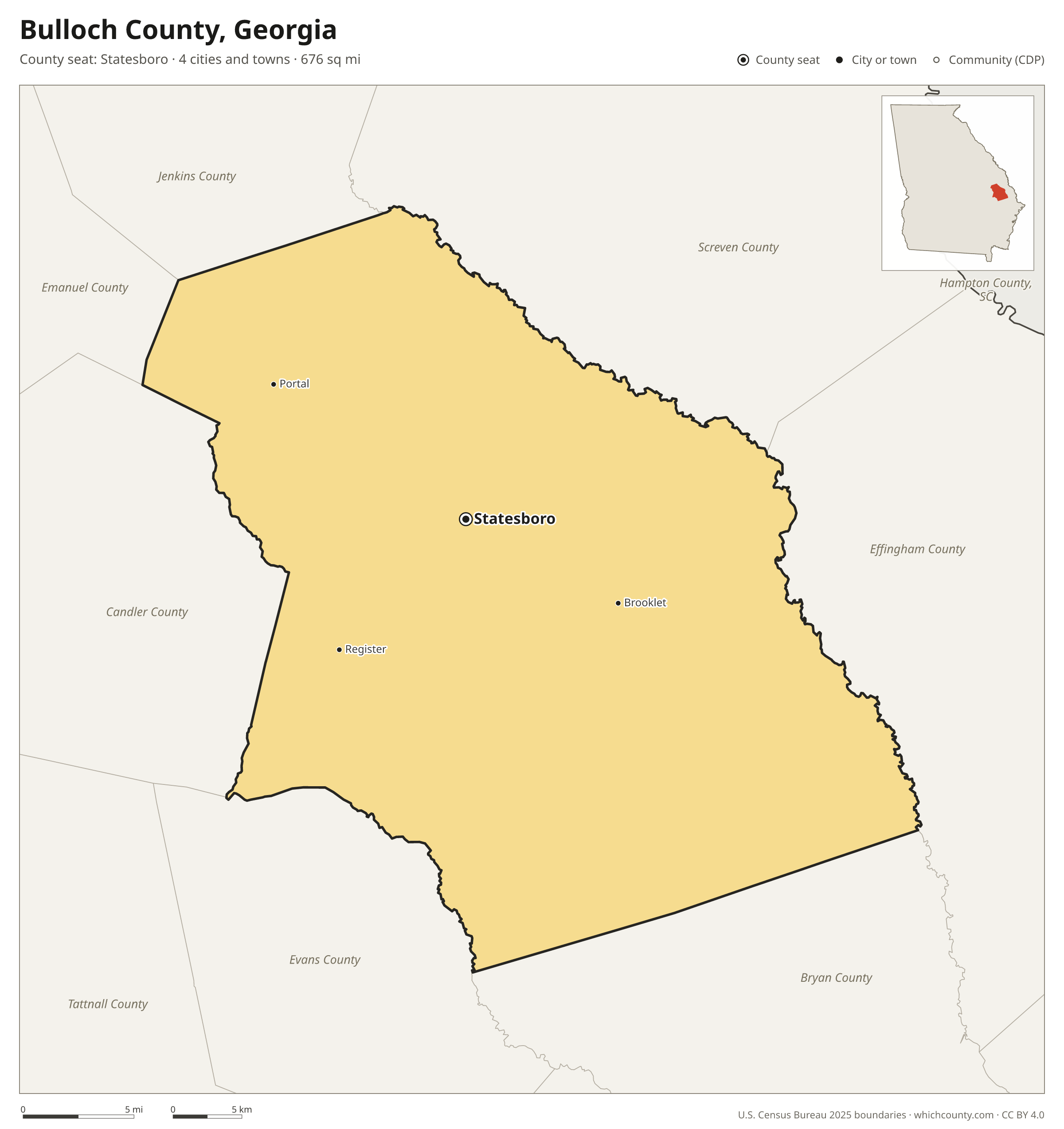 Map of Bulloch County, Georgia with cities, towns and the county boundary