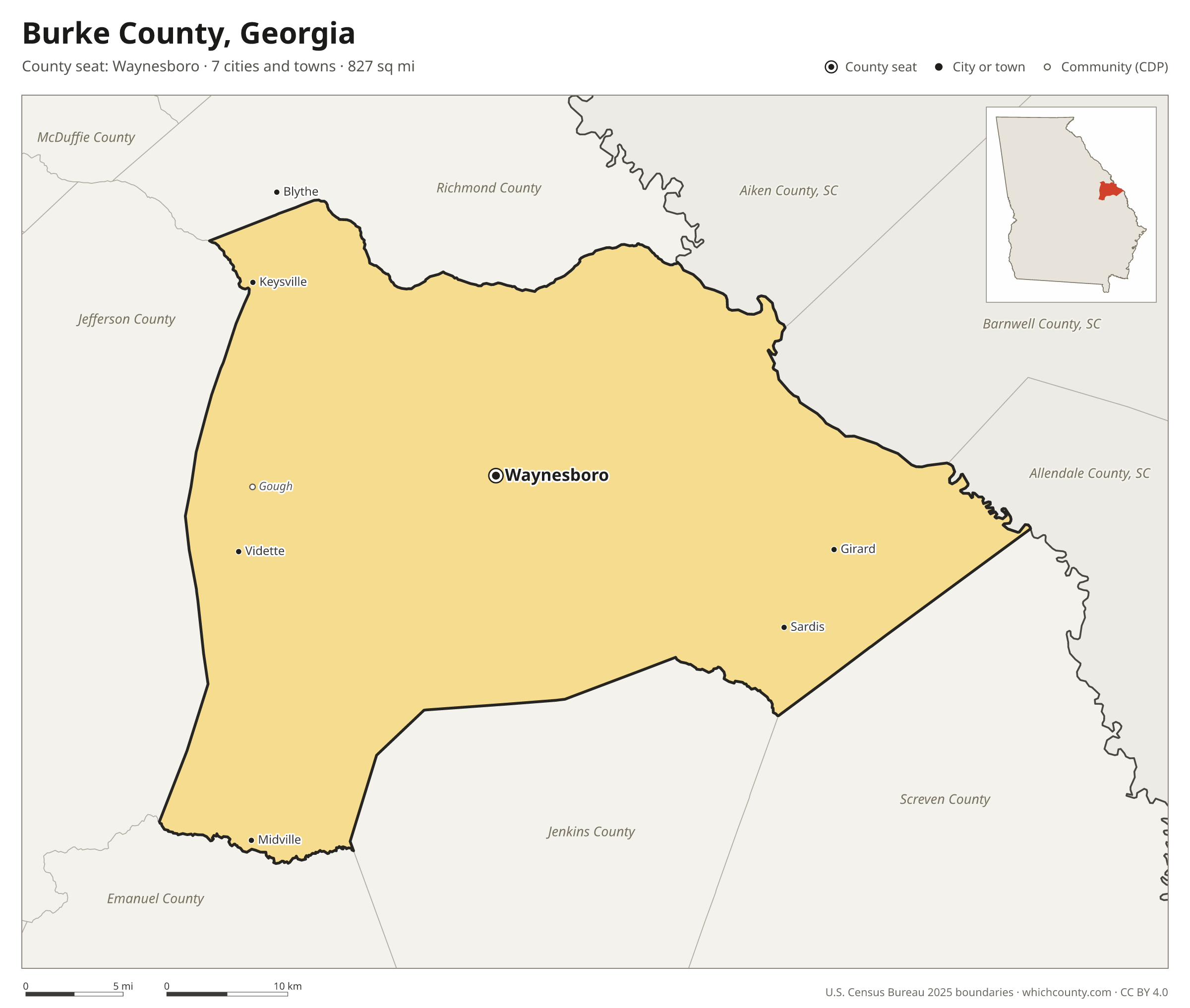 Map of Burke County, Georgia with cities, towns and the county boundary