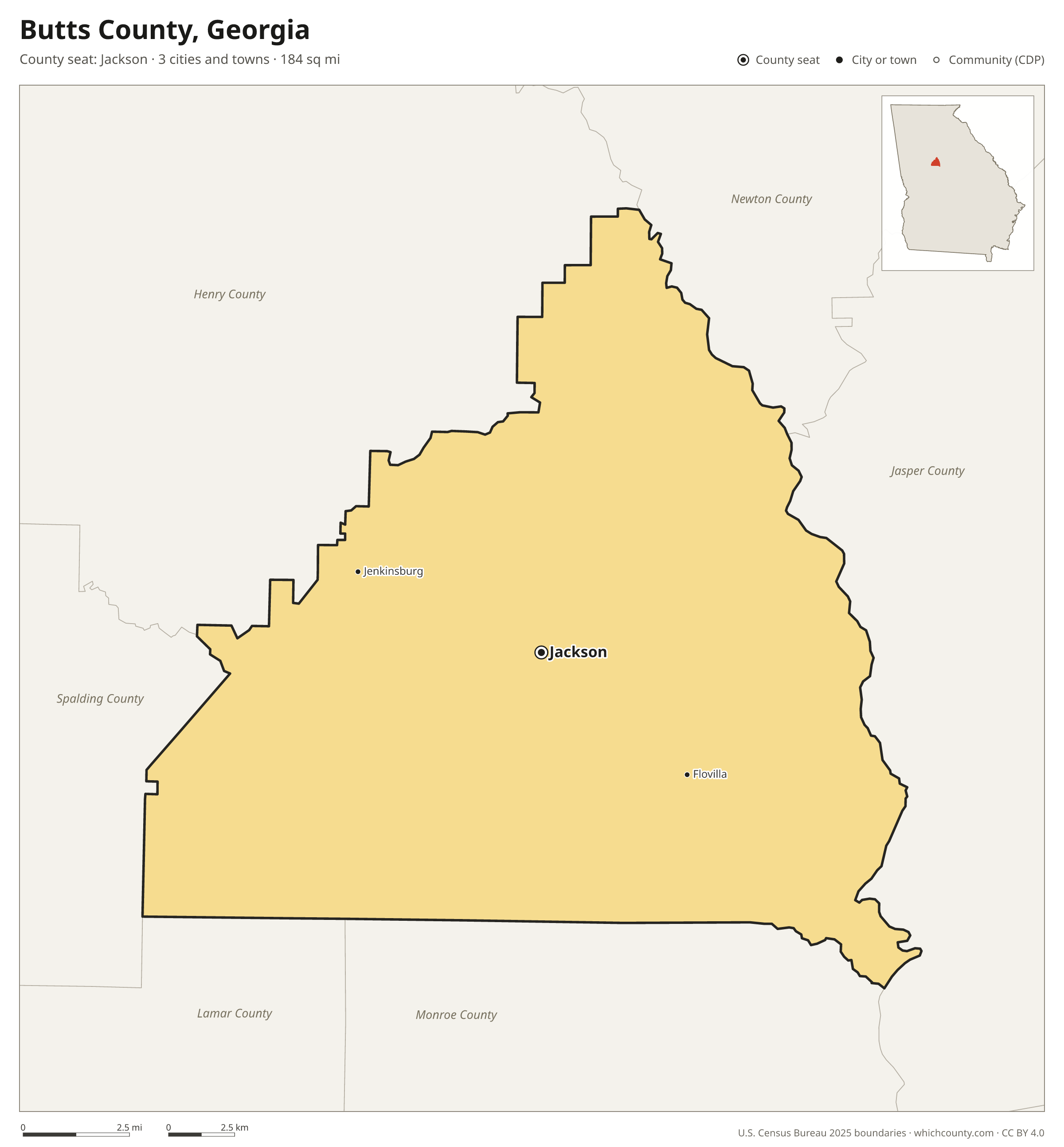 Map of Butts County, Georgia with cities, towns and the county boundary