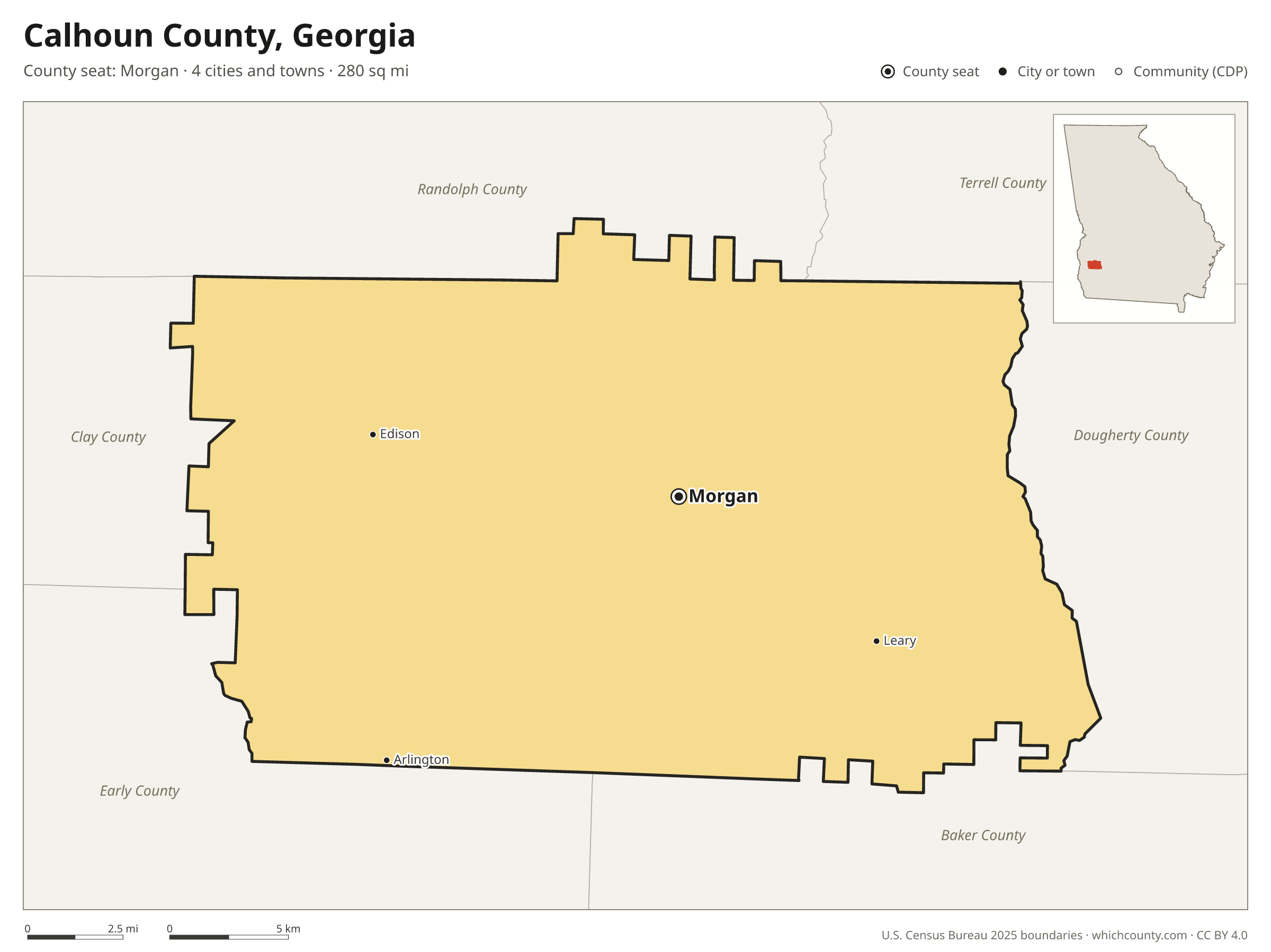Map of Calhoun County, Georgia with cities, towns and the county boundary