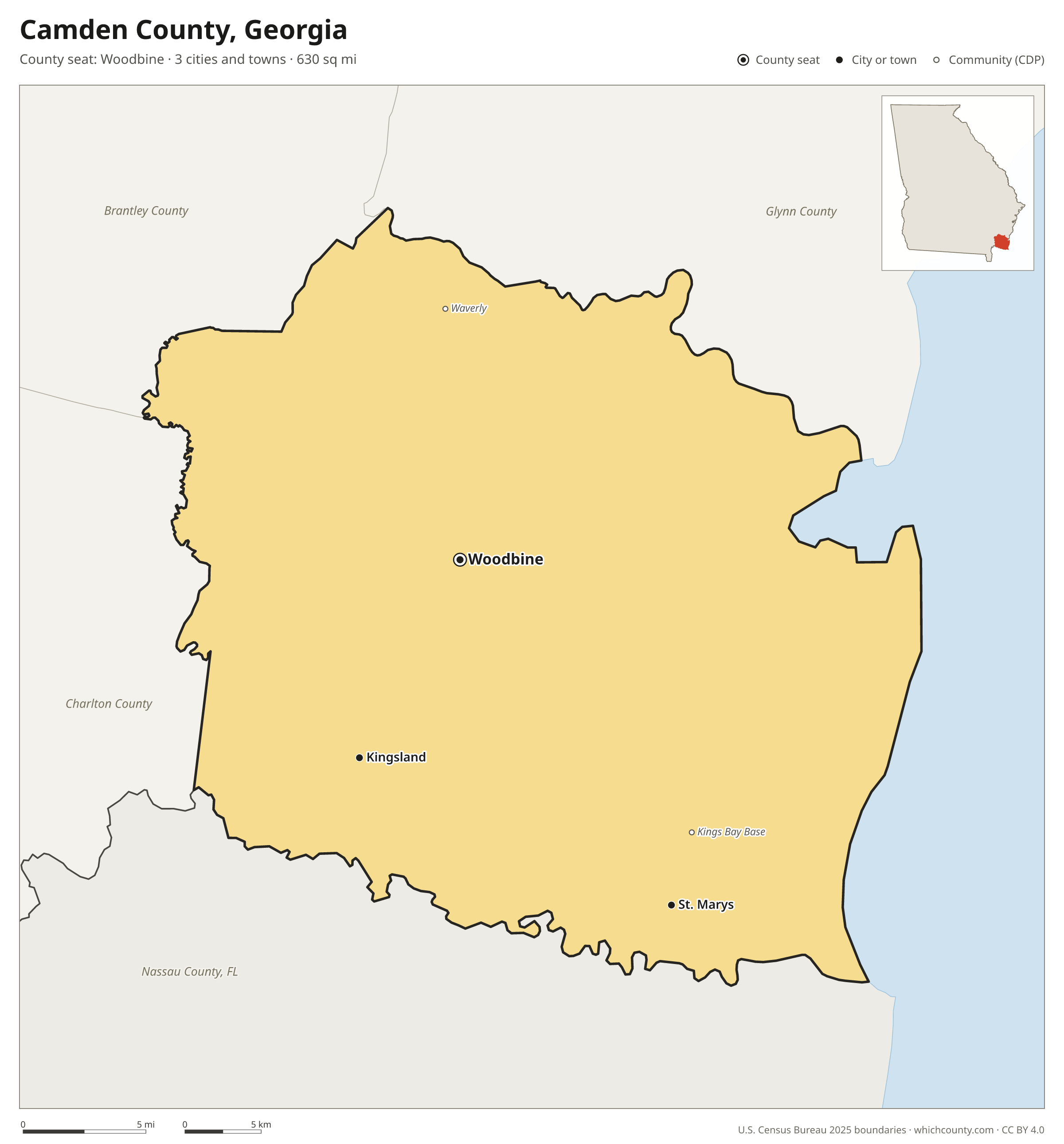 Map of Camden County, Georgia with cities, towns and the county boundary
