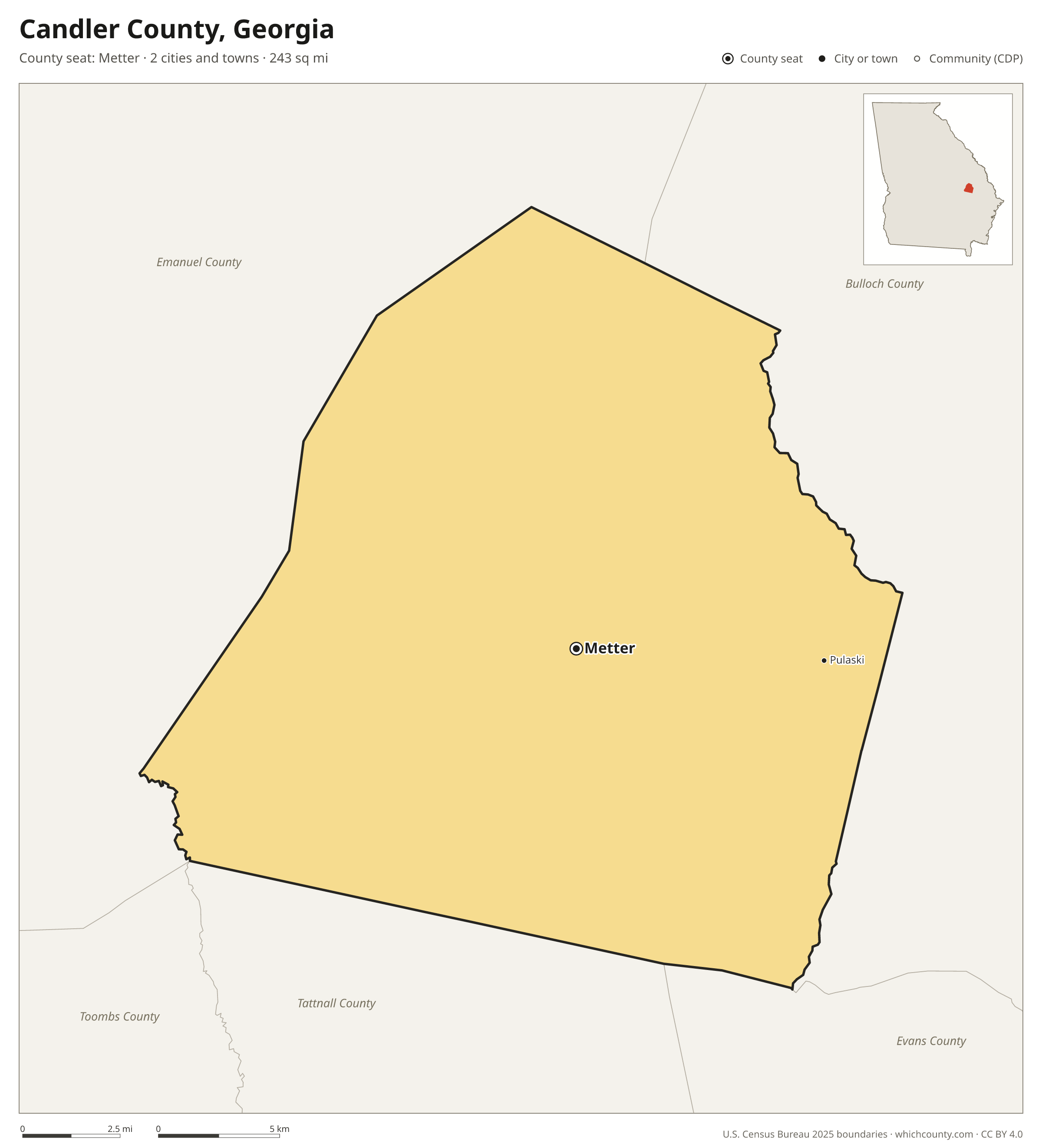 Map of Candler County, Georgia with cities, towns and the county boundary