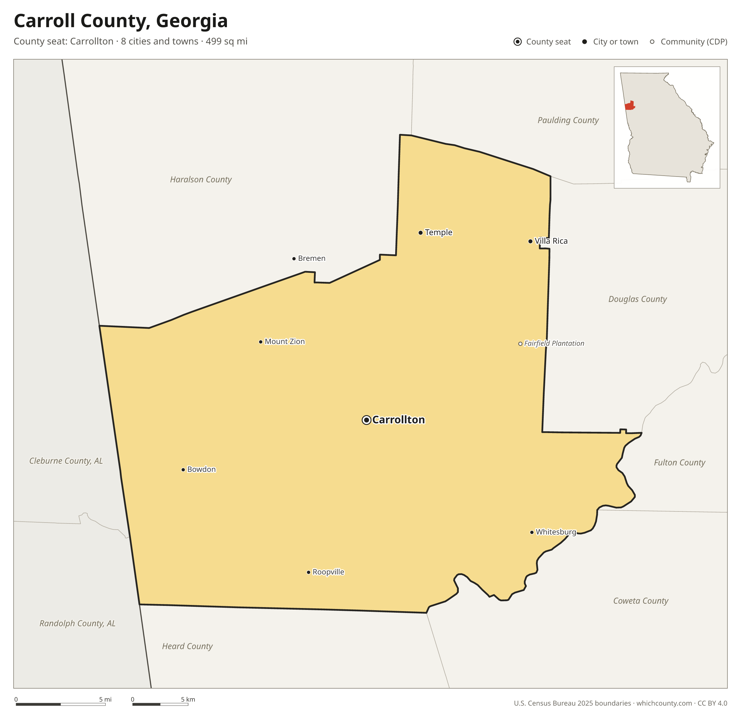 Map of Carroll County, Georgia with cities, towns and the county boundary