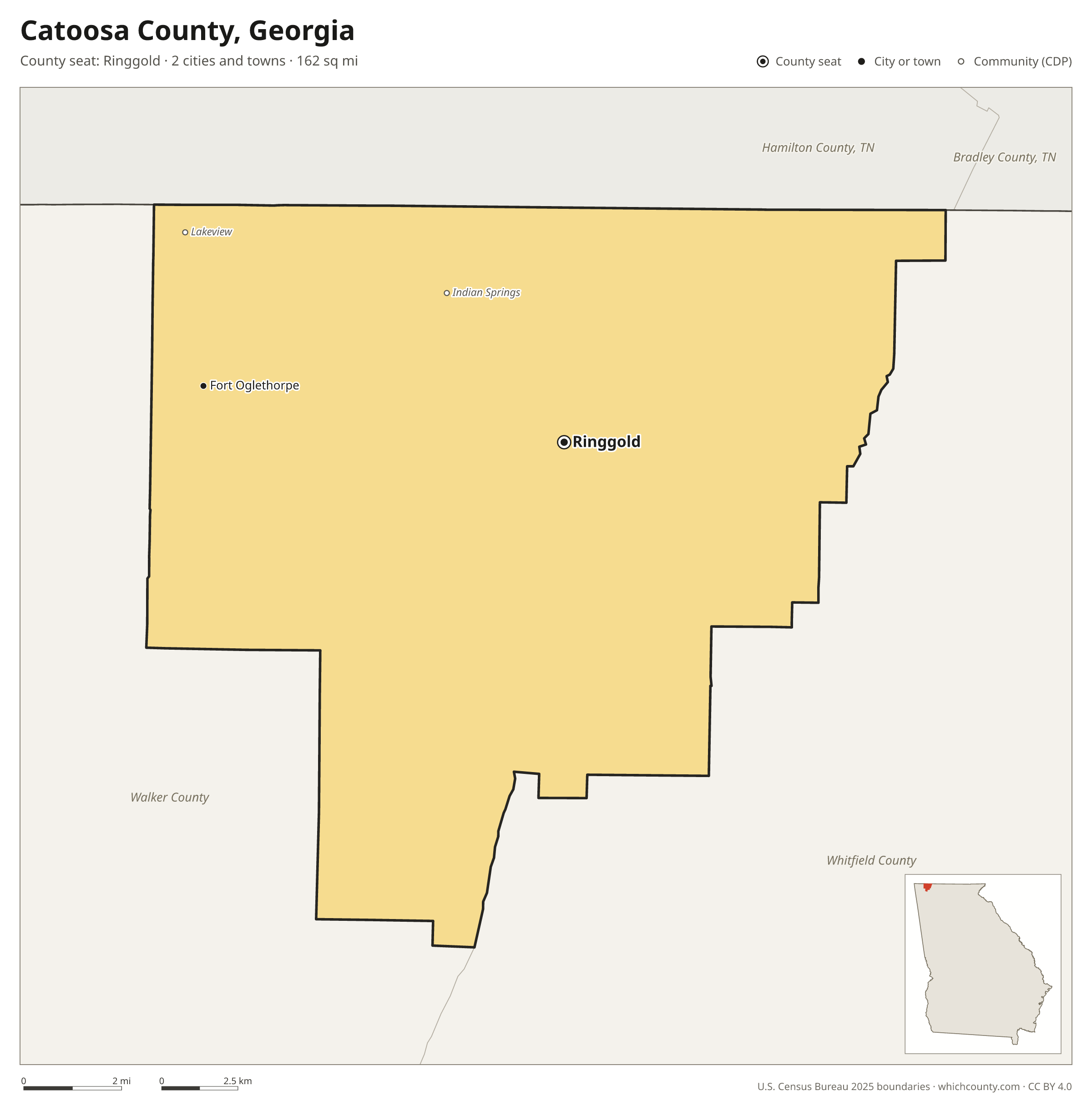 Map of Catoosa County, Georgia with cities, towns and the county boundary