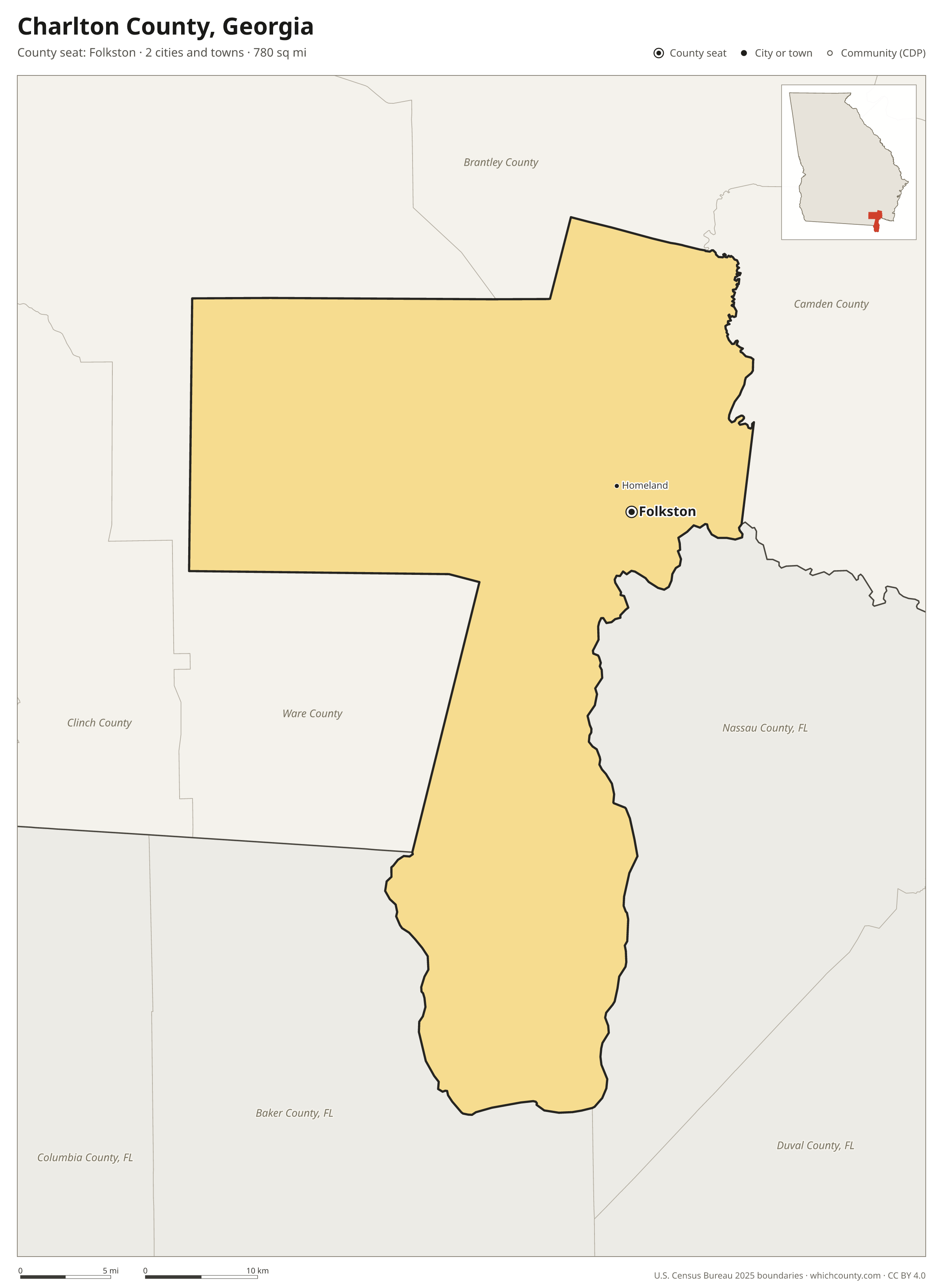 Map of Charlton County, Georgia with cities, towns and the county boundary