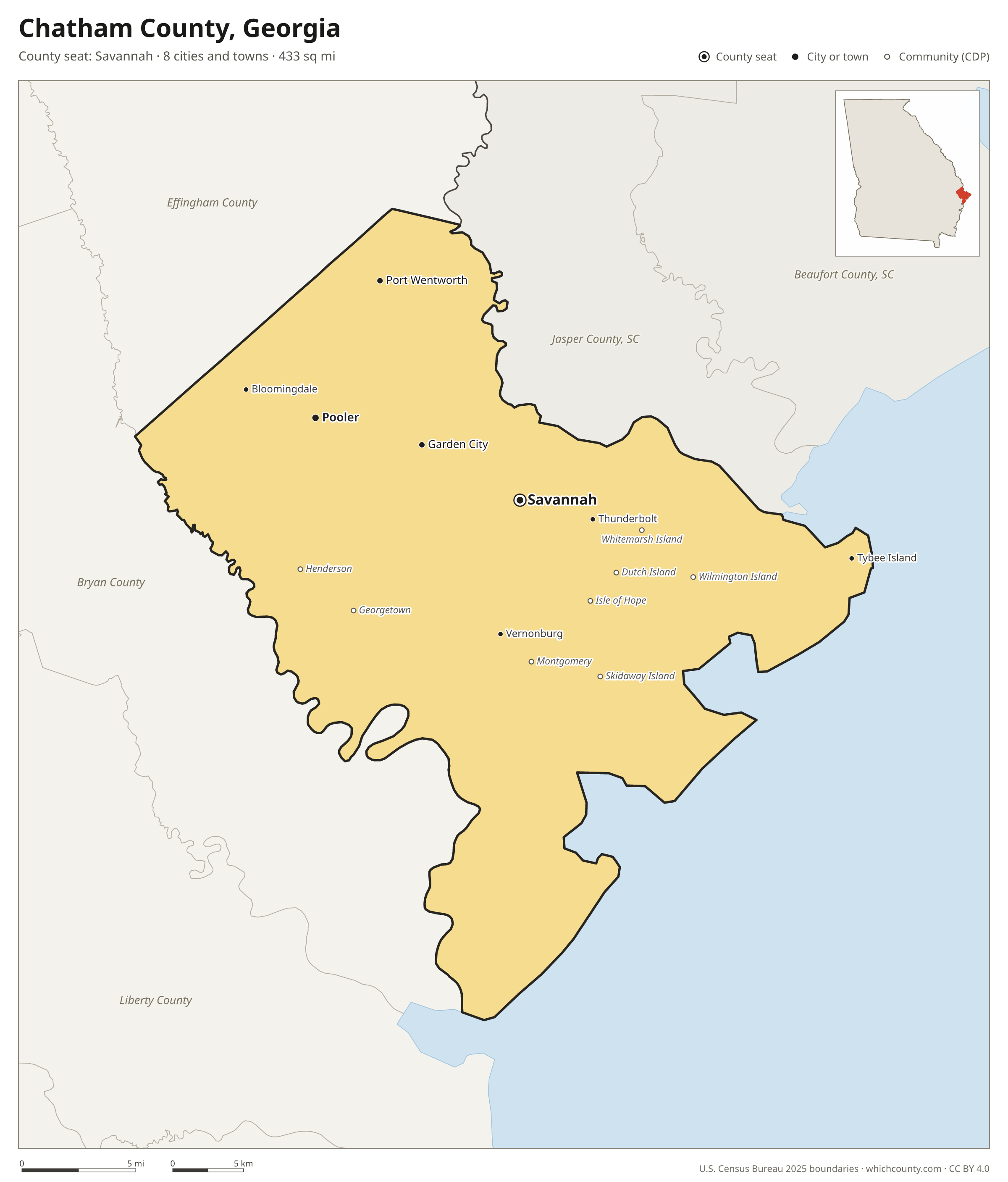 Map of Chatham County, Georgia with cities, towns and the county boundary