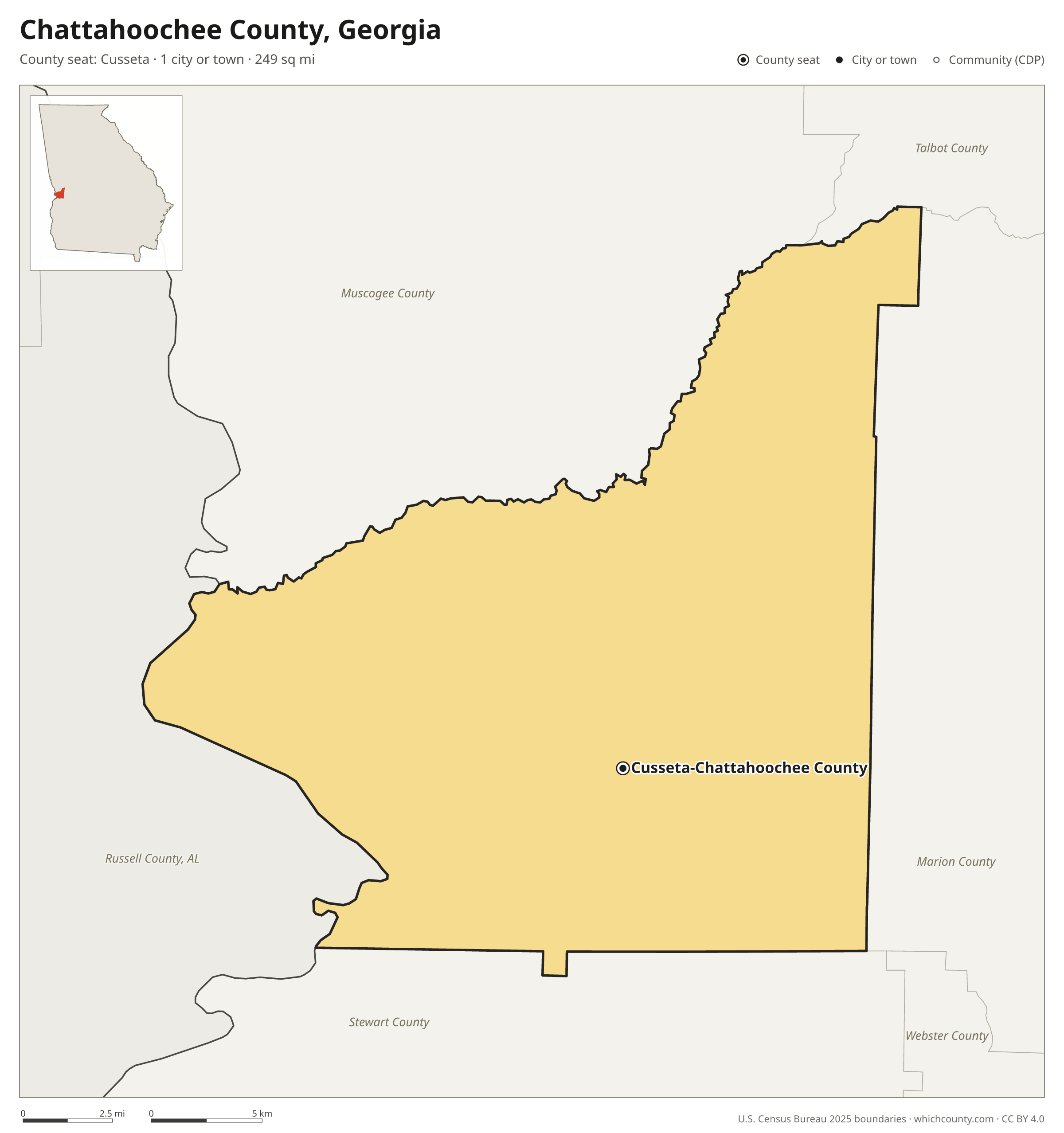 Map of Chattahoochee County, Georgia with cities, towns and the county boundary