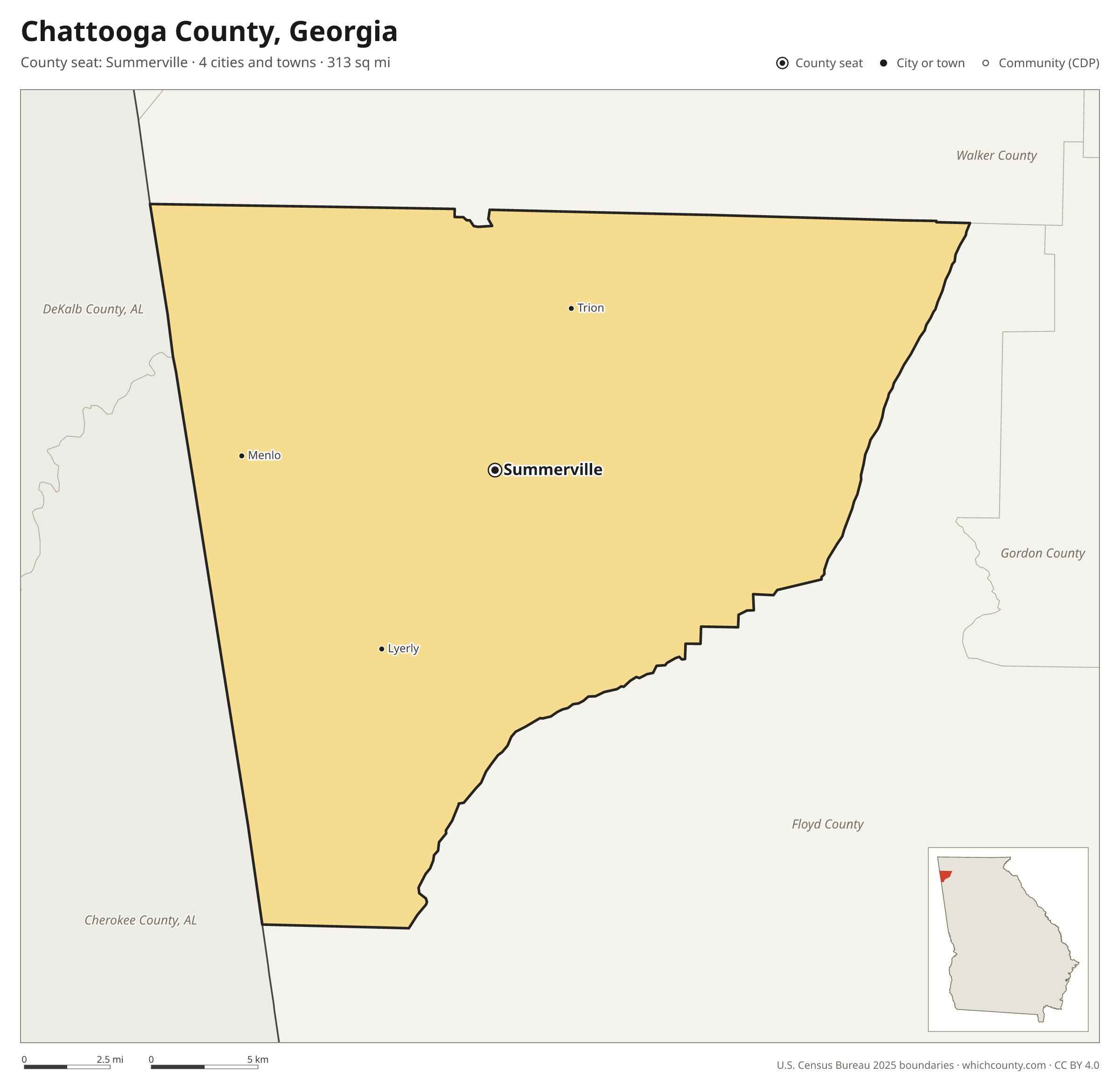 Map of Chattooga County, Georgia with cities, towns and the county boundary