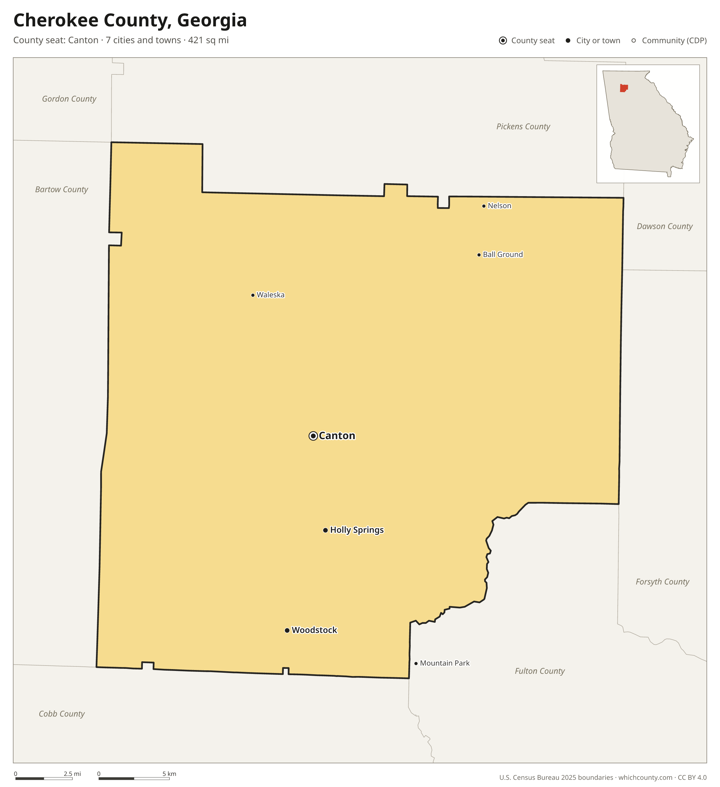 Map of Cherokee County, Georgia with cities, towns and the county boundary