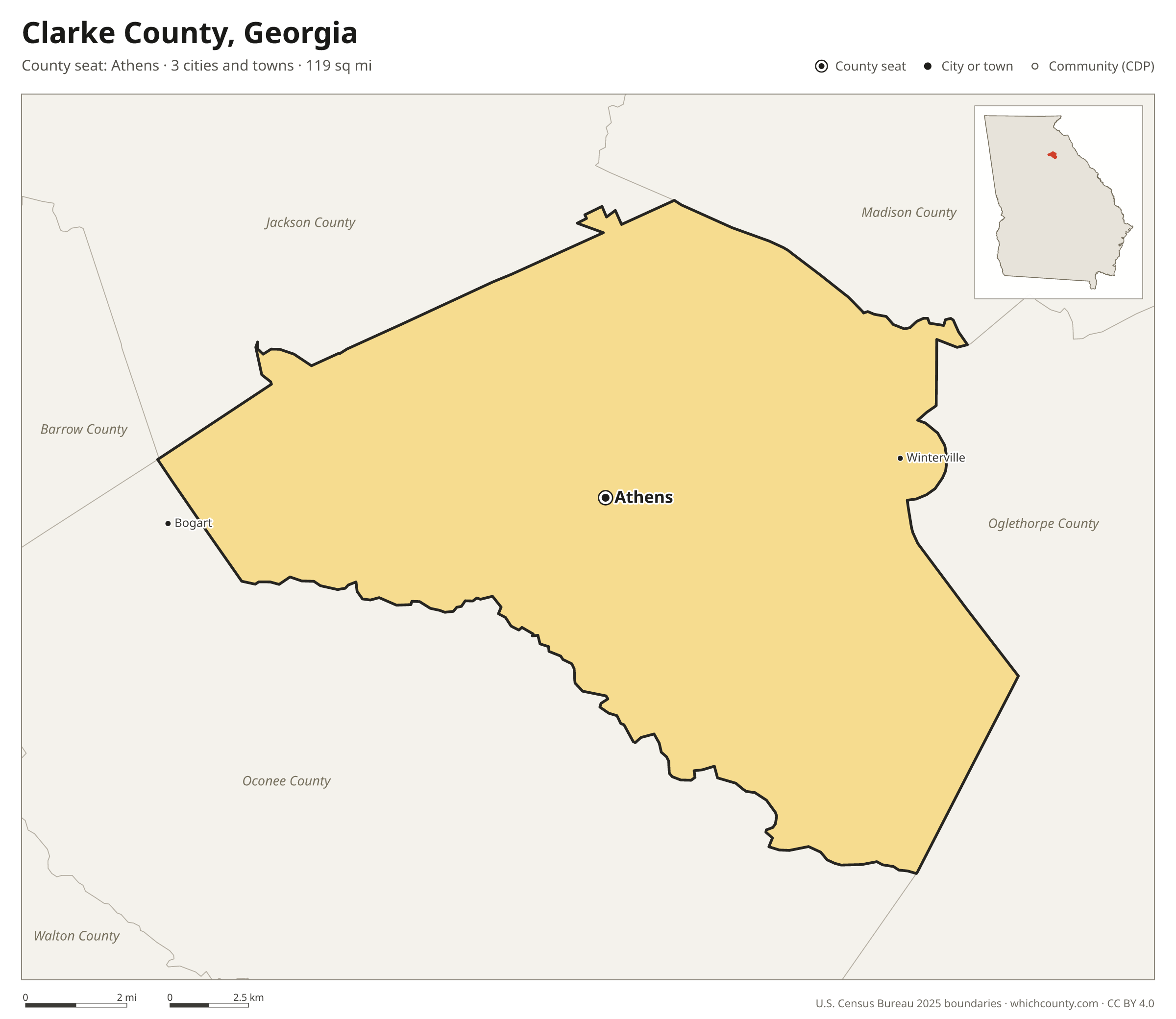 Map of Clarke County, Georgia with cities, towns and the county boundary