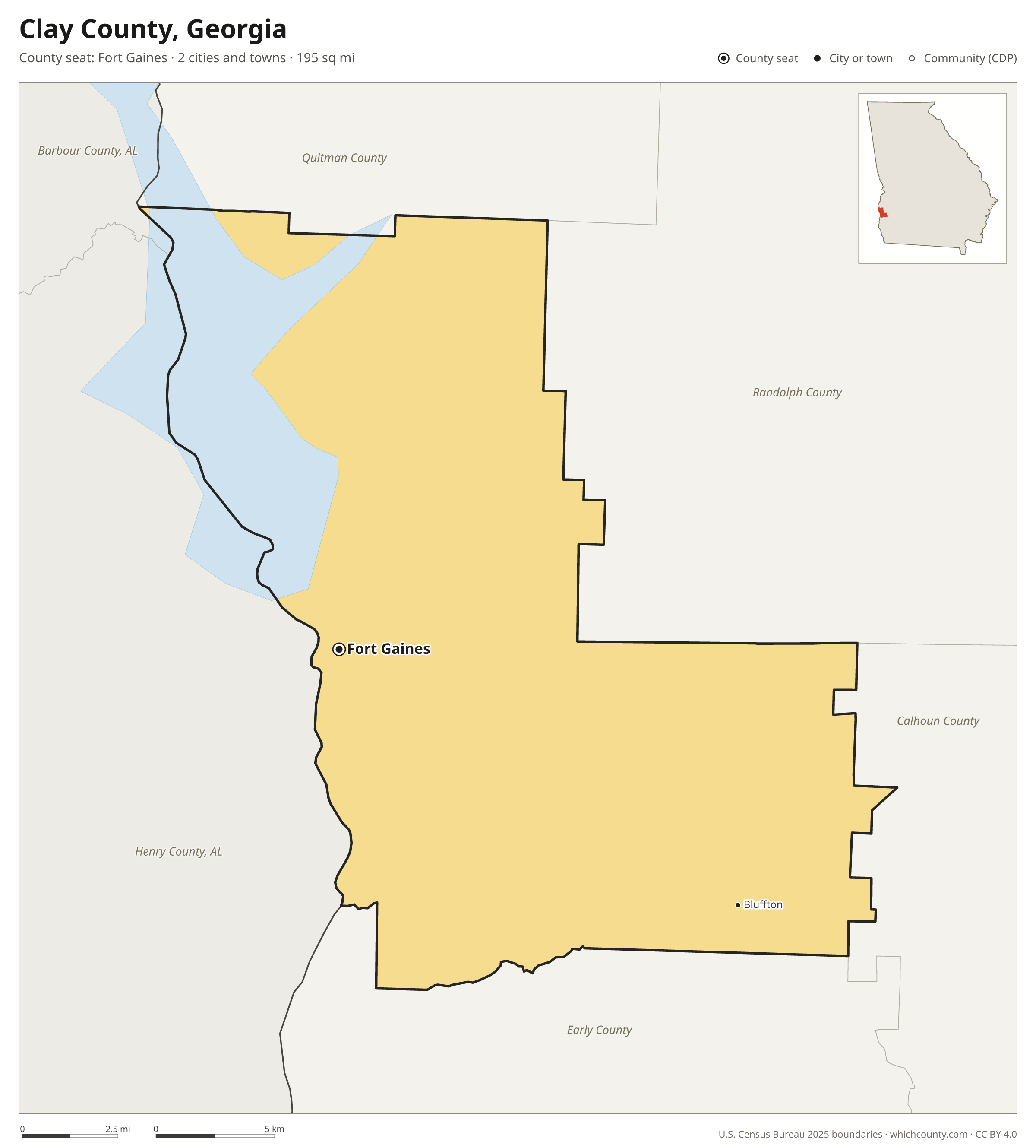 Map of Clay County, Georgia with cities, towns and the county boundary