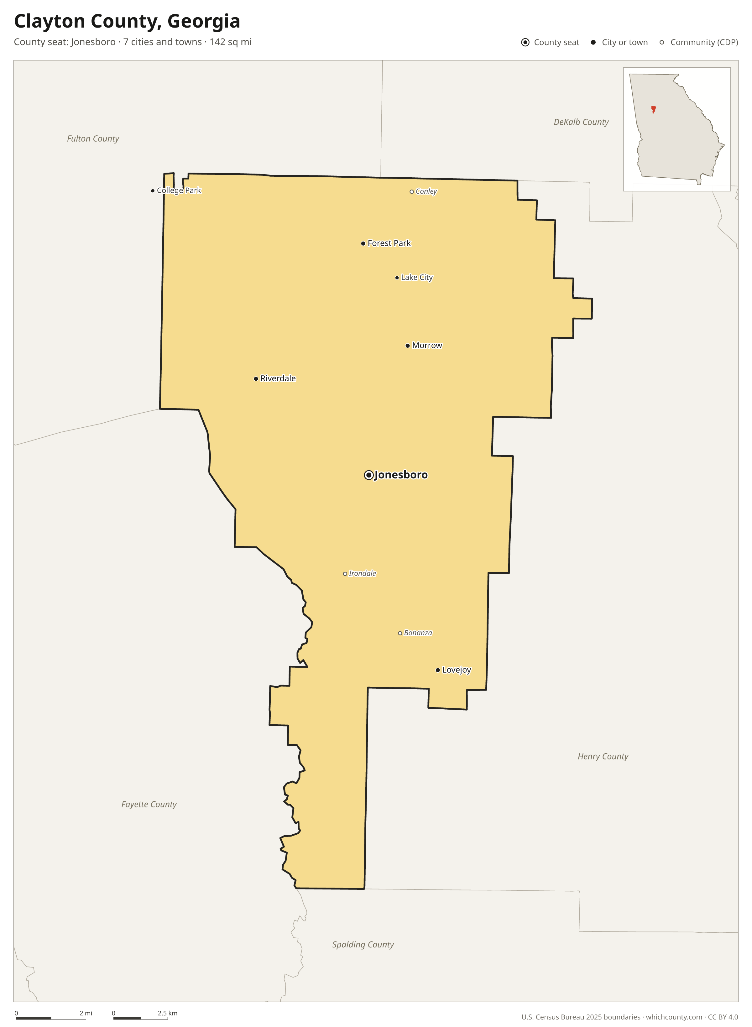 Map of Clayton County, Georgia with cities, towns and the county boundary
