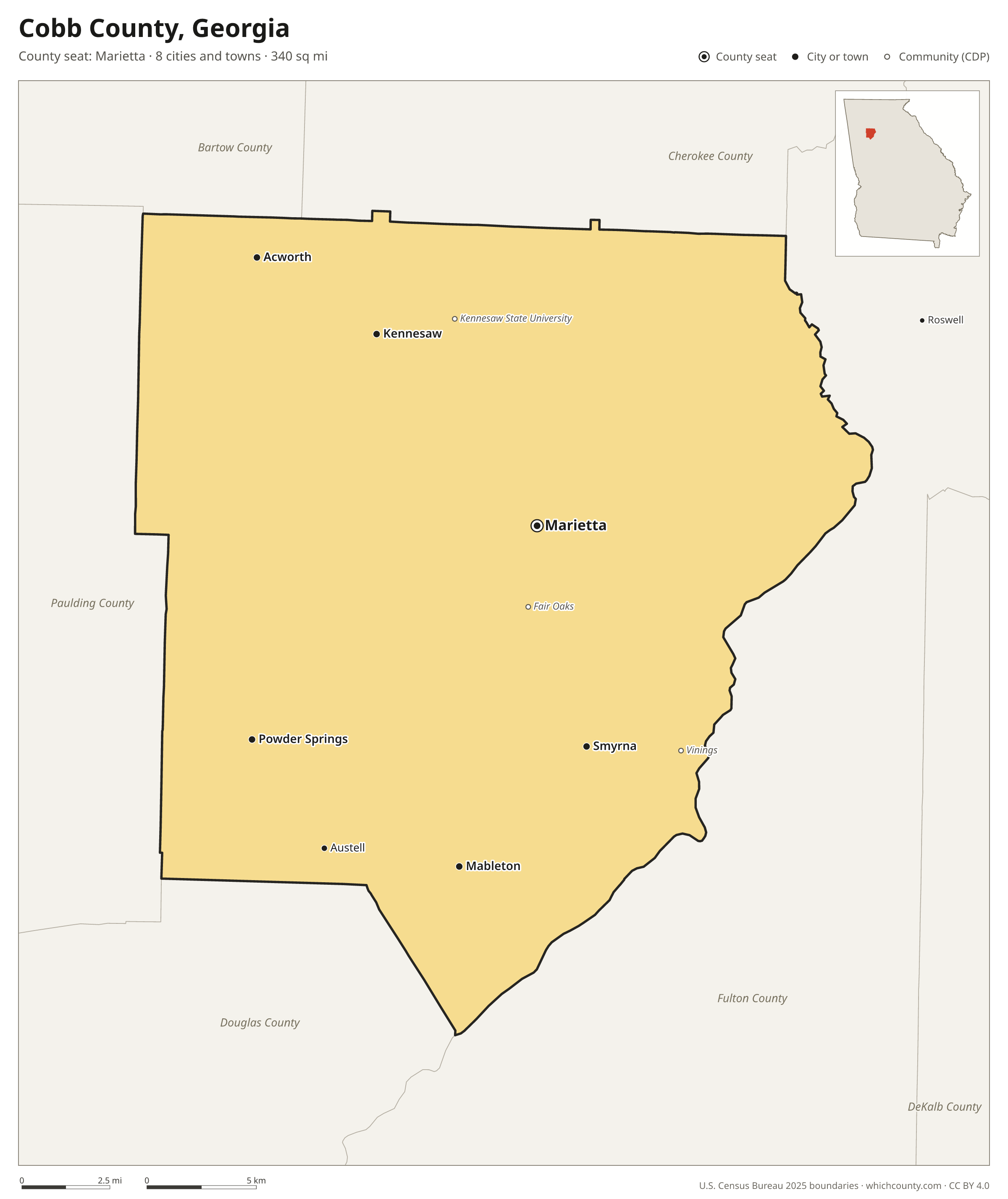 Map of Cobb County, Georgia with cities, towns and the county boundary