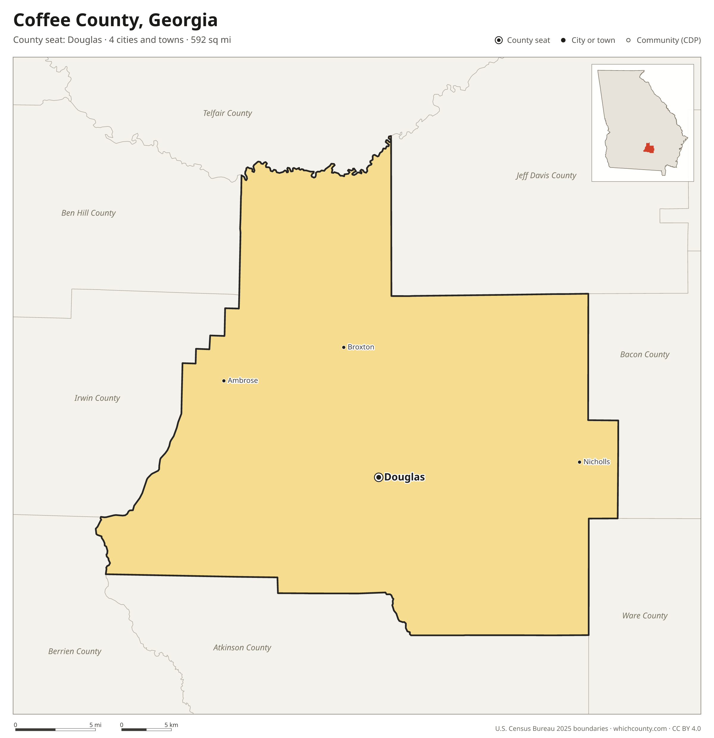 Map of Coffee County, Georgia with cities, towns and the county boundary