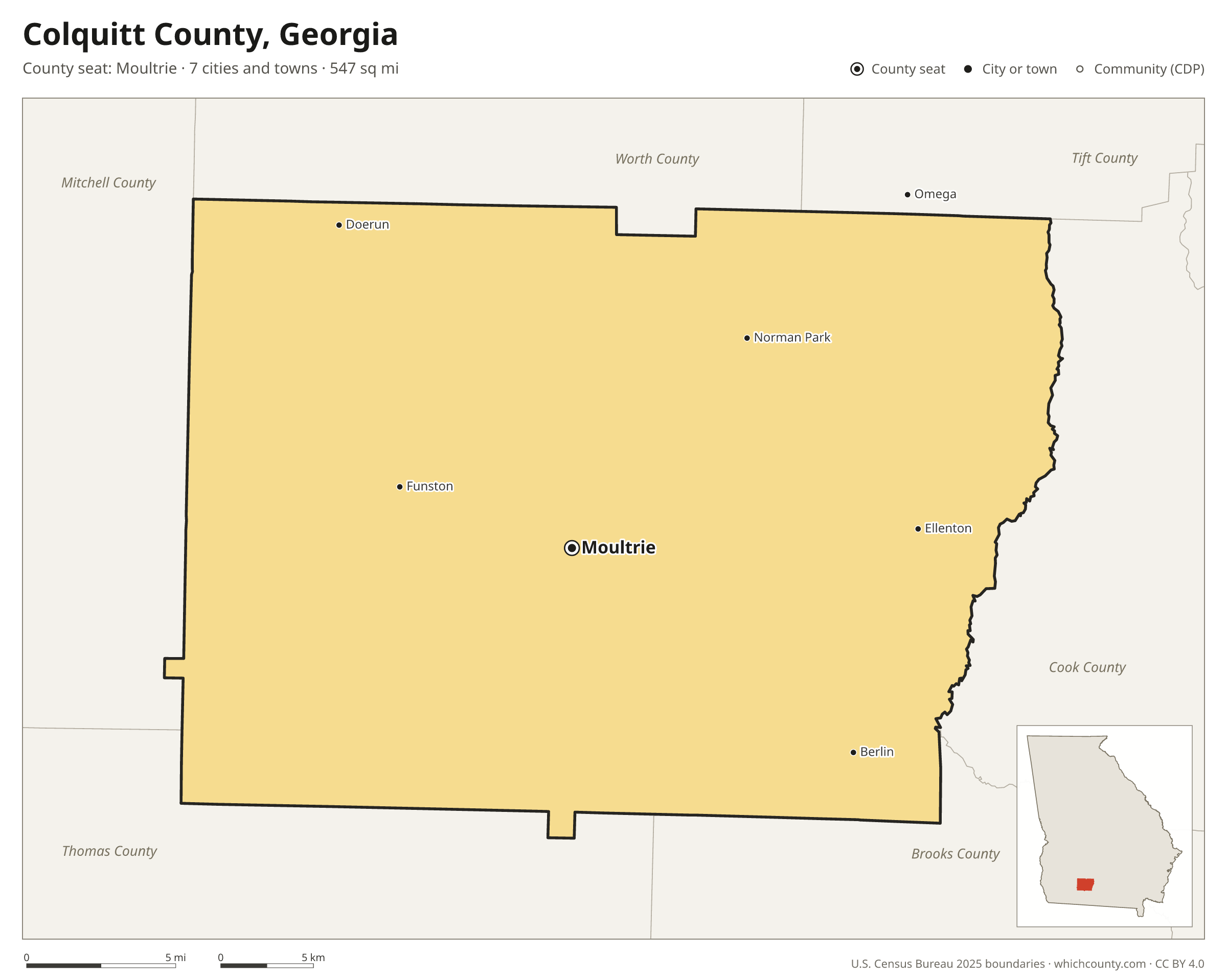 Map of Colquitt County, Georgia with cities, towns and the county boundary
