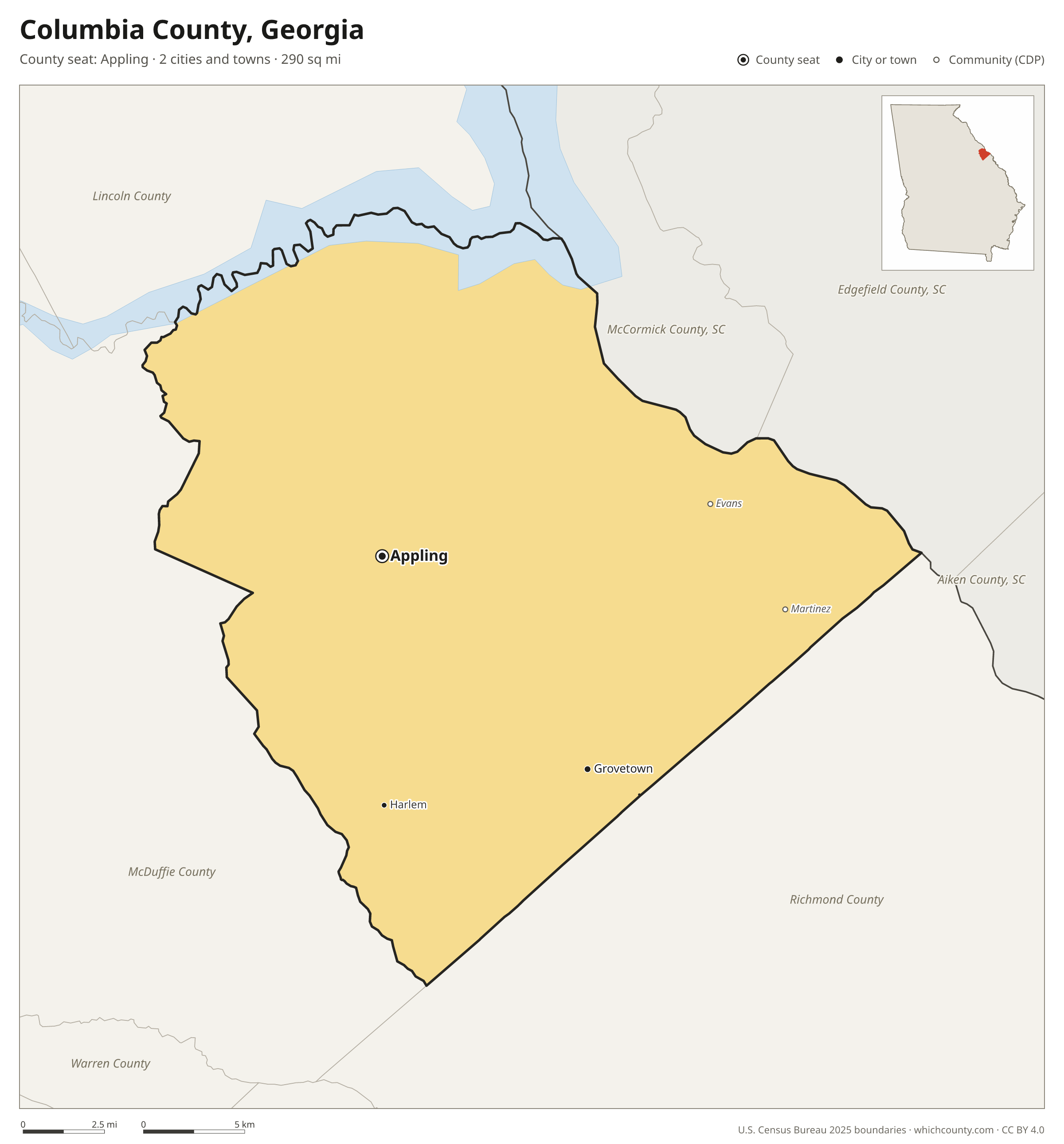 Map of Columbia County, Georgia with cities, towns and the county boundary