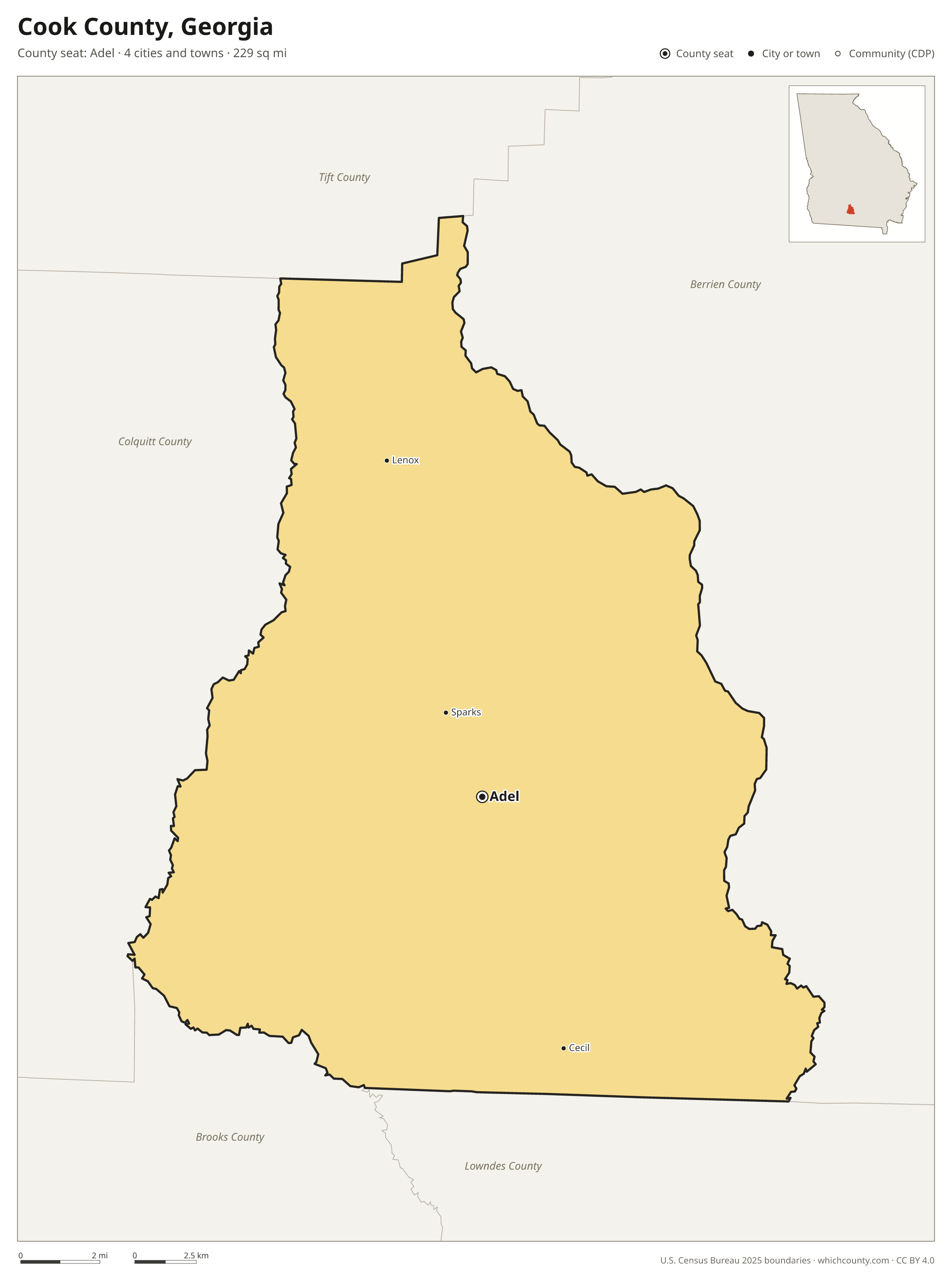 Map of Cook County, Georgia with cities, towns and the county boundary