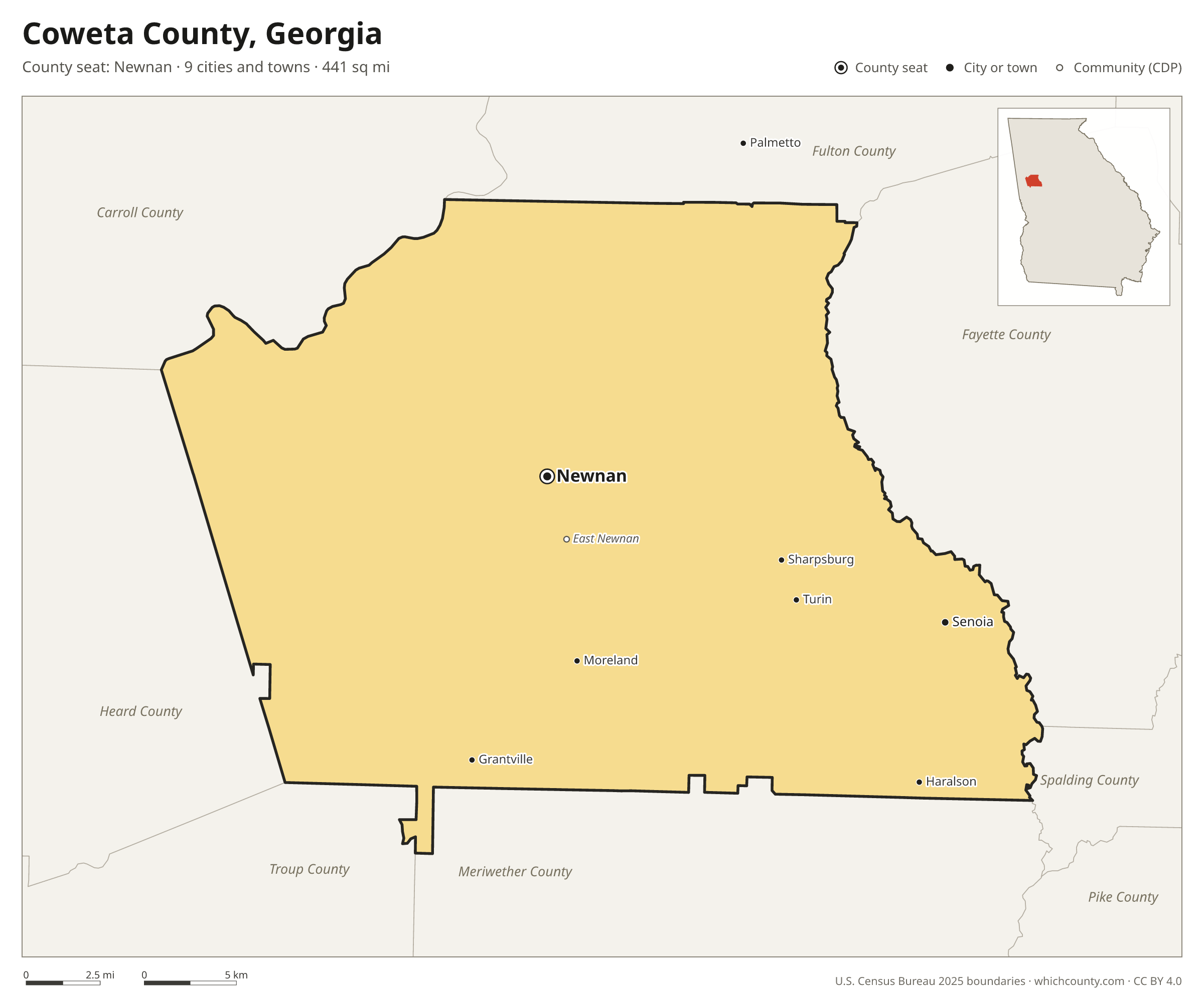 Map of Coweta County, Georgia with cities, towns and the county boundary