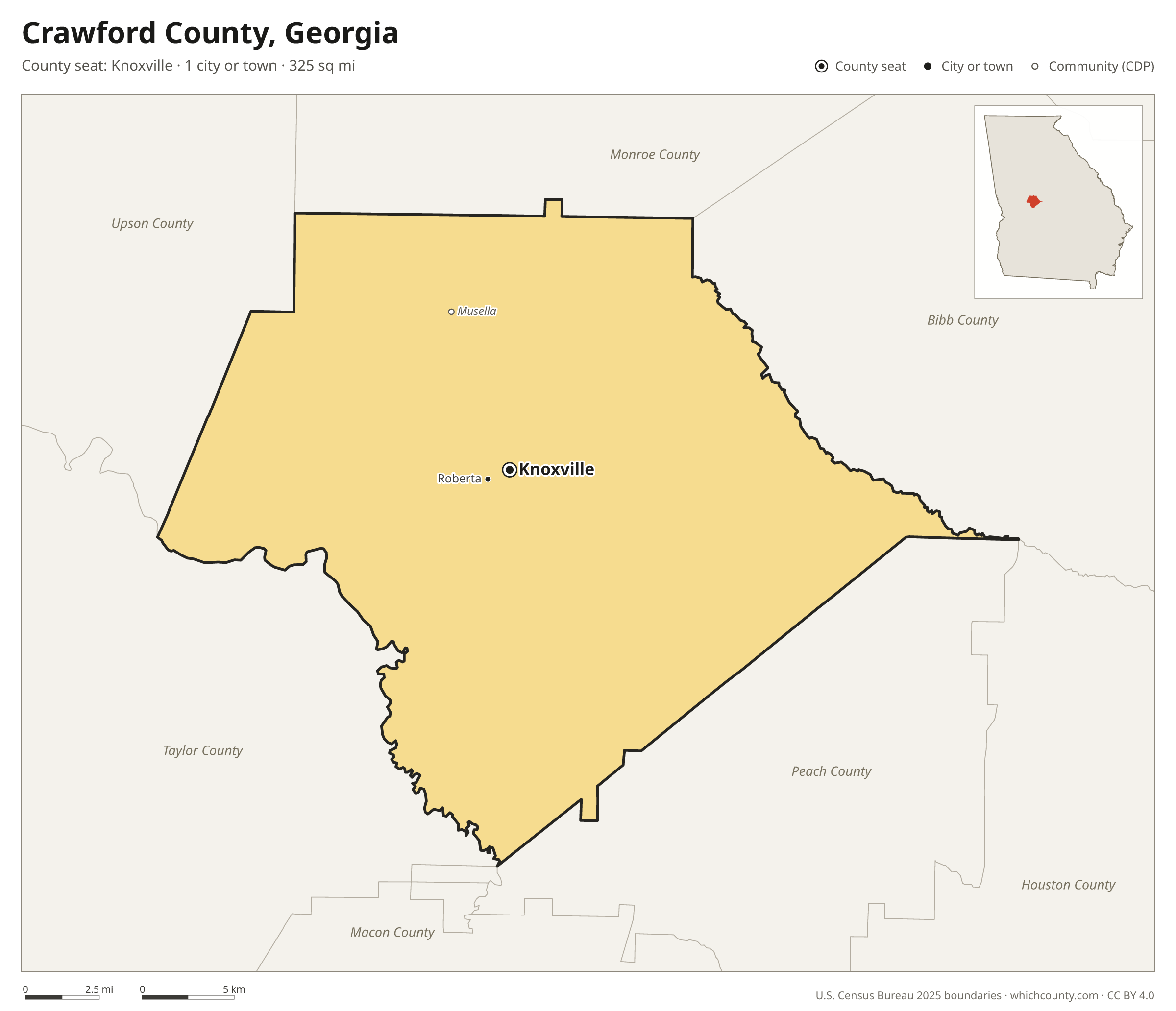Map of Crawford County, Georgia with cities, towns and the county boundary