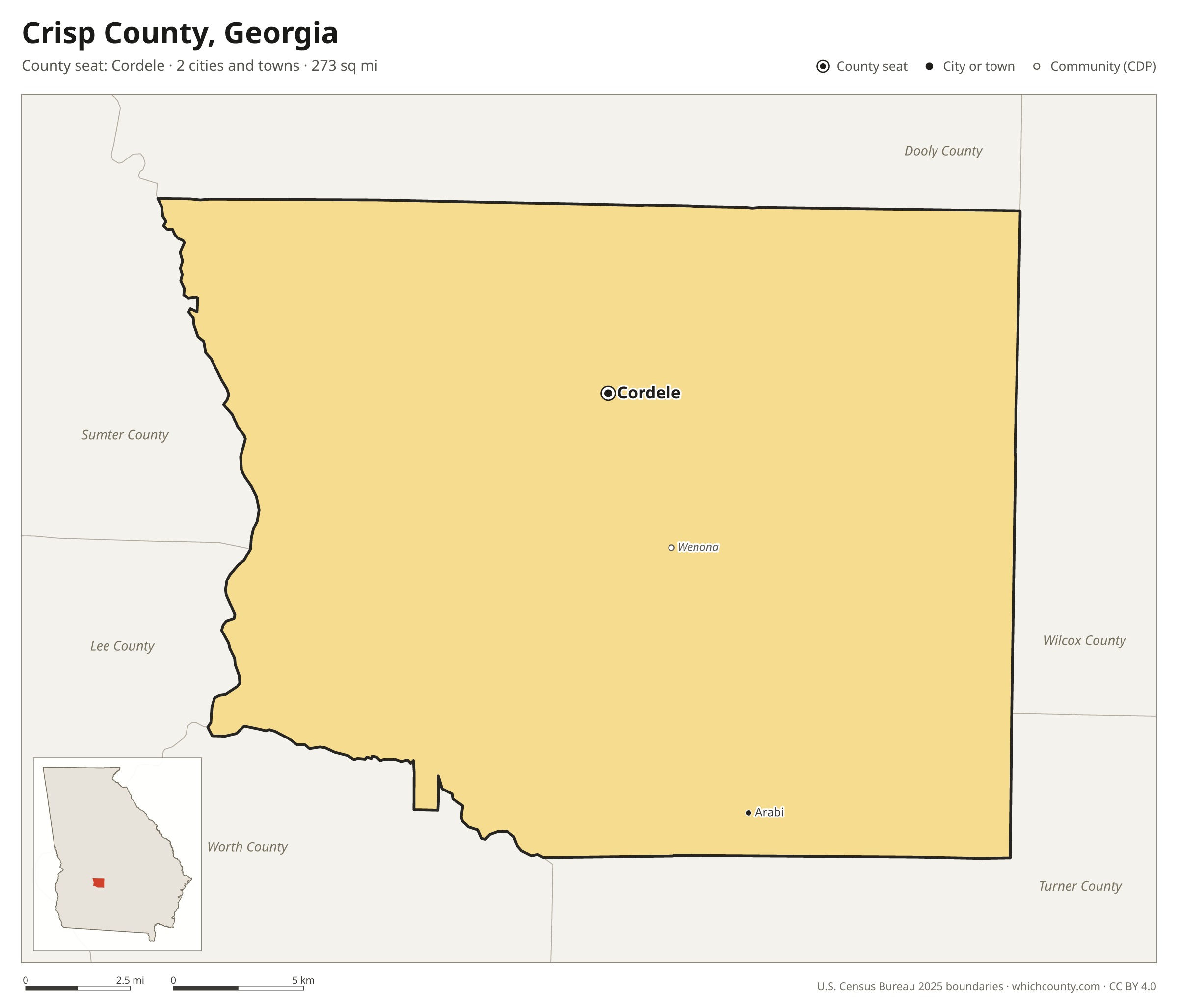 Map of Crisp County, Georgia with cities, towns and the county boundary