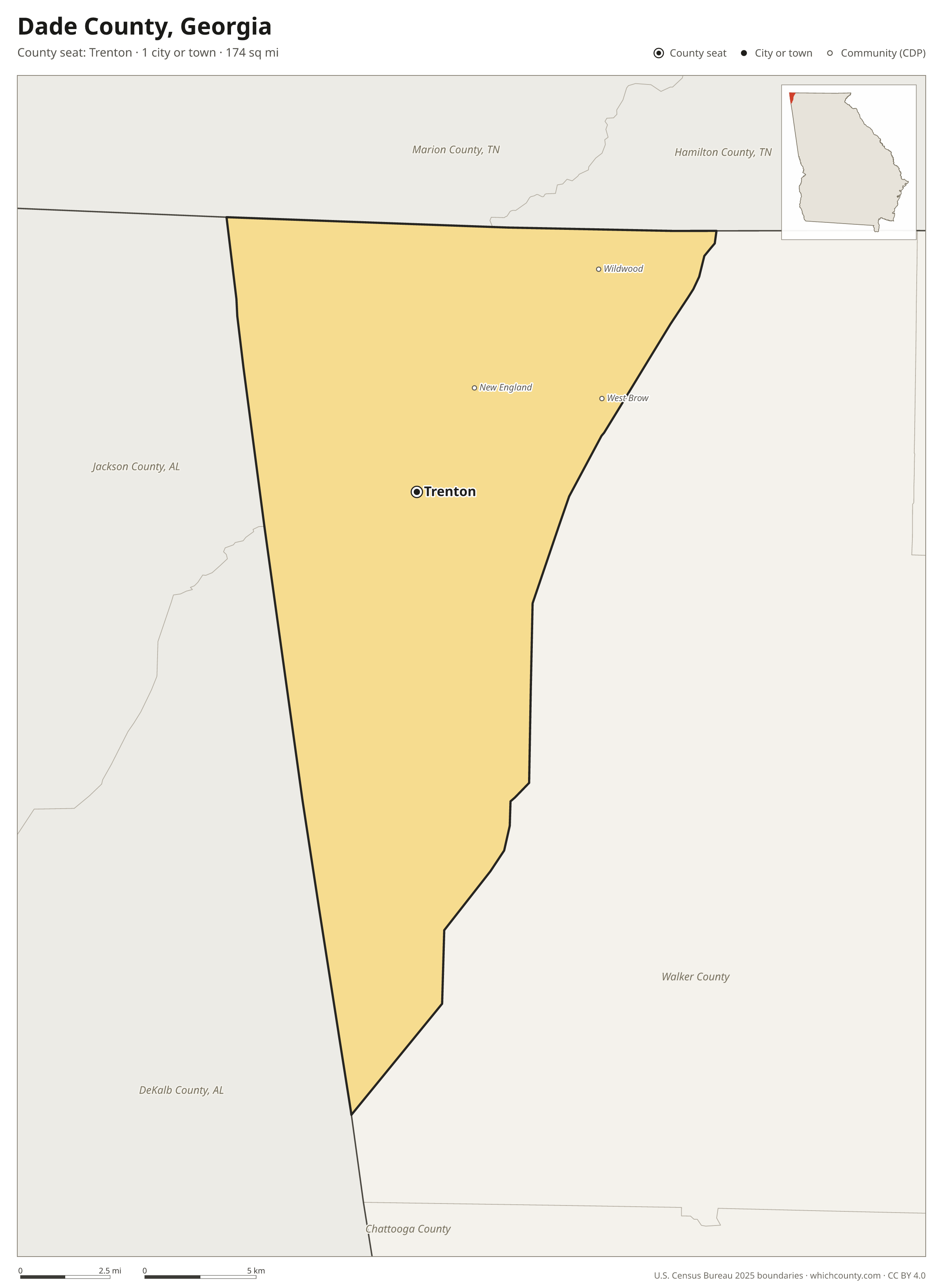 Map of Dade County, Georgia with cities, towns and the county boundary