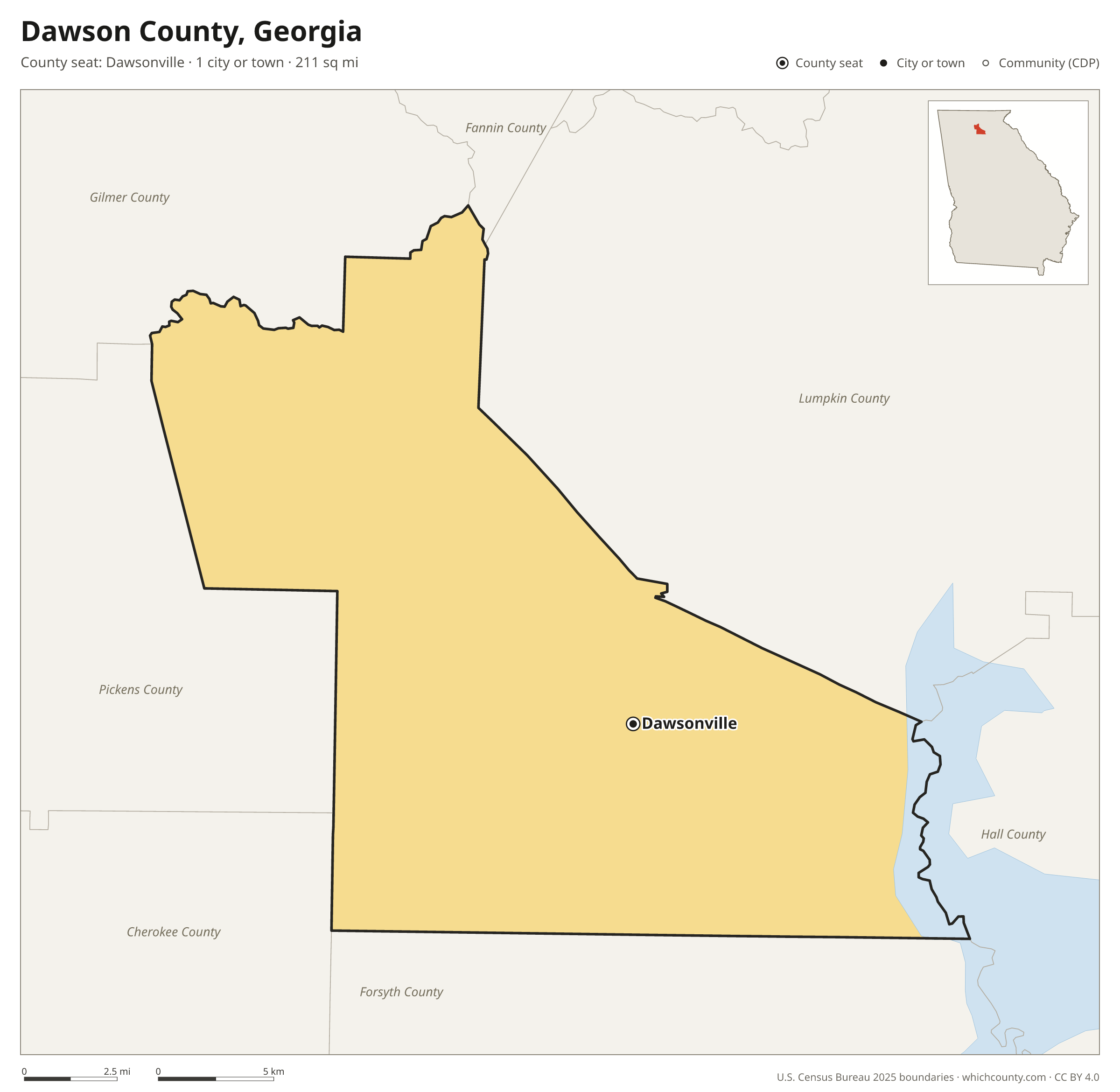 Map of Dawson County, Georgia with cities, towns and the county boundary