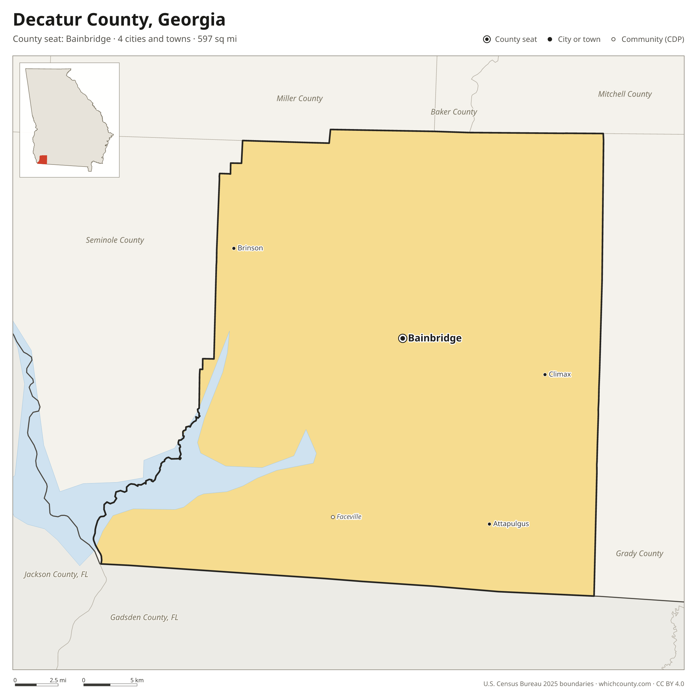 Map of Decatur County, Georgia with cities, towns and the county boundary