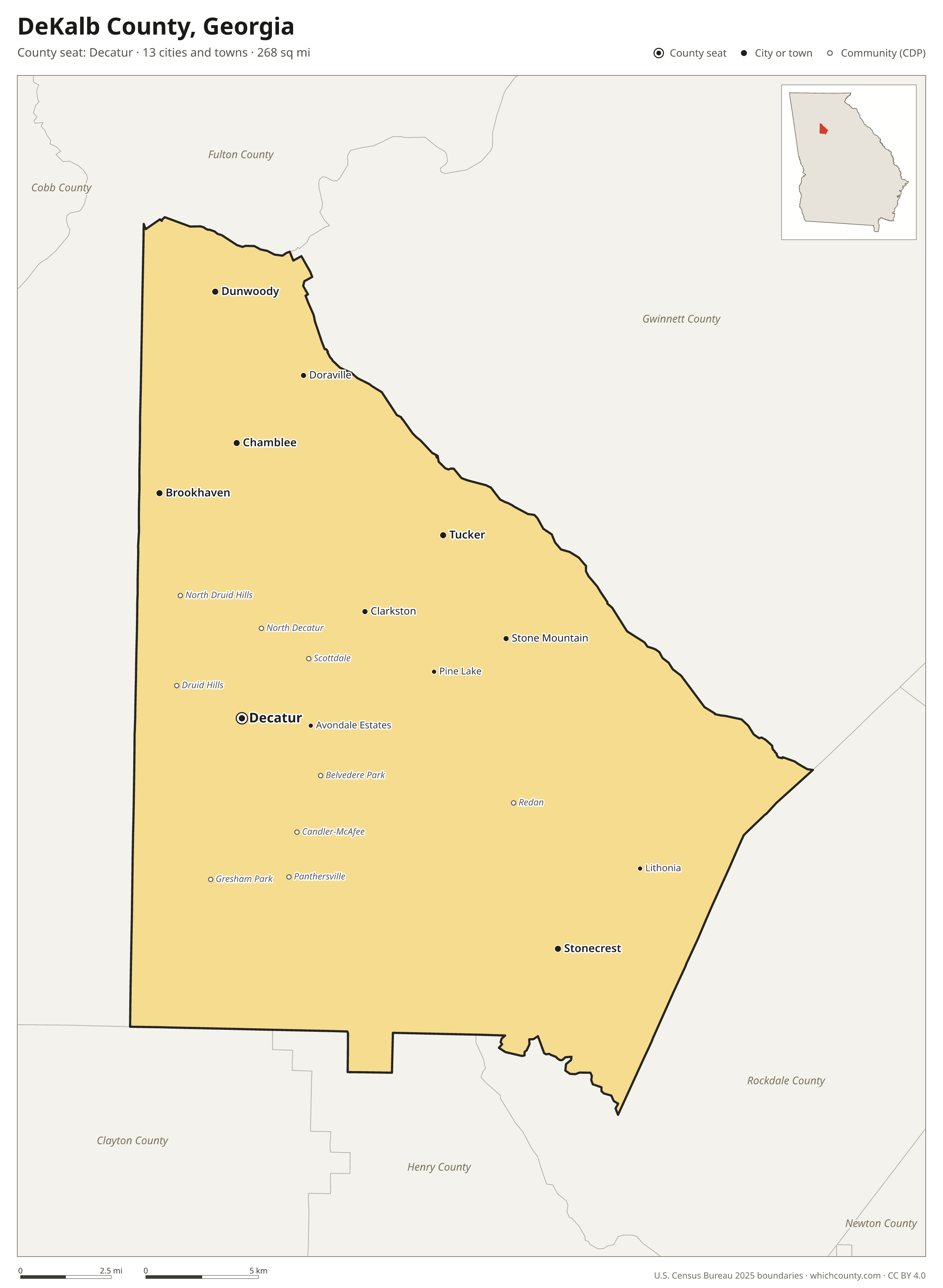 Map of DeKalb County, Georgia with cities, towns and the county boundary