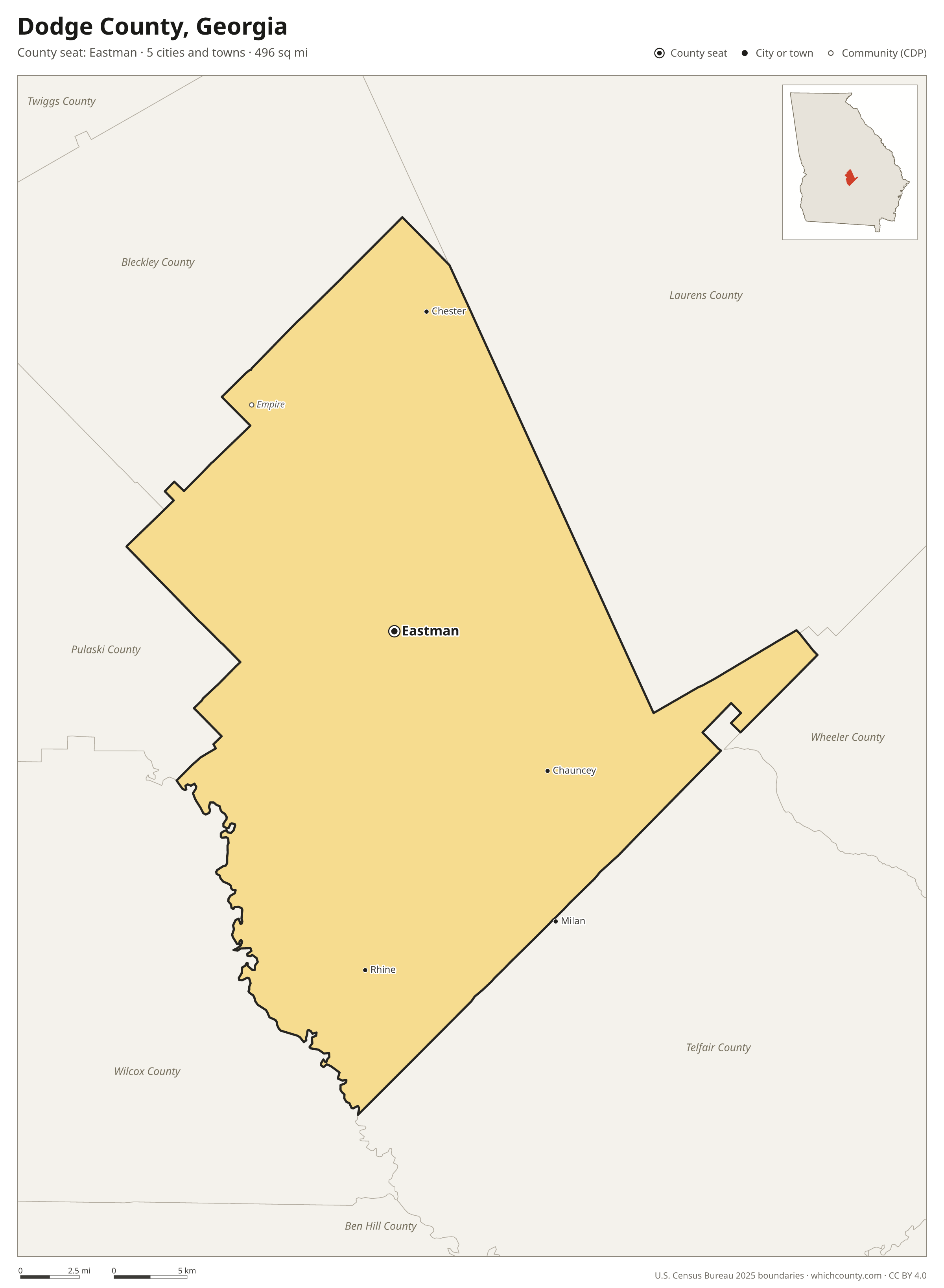Map of Dodge County, Georgia with cities, towns and the county boundary