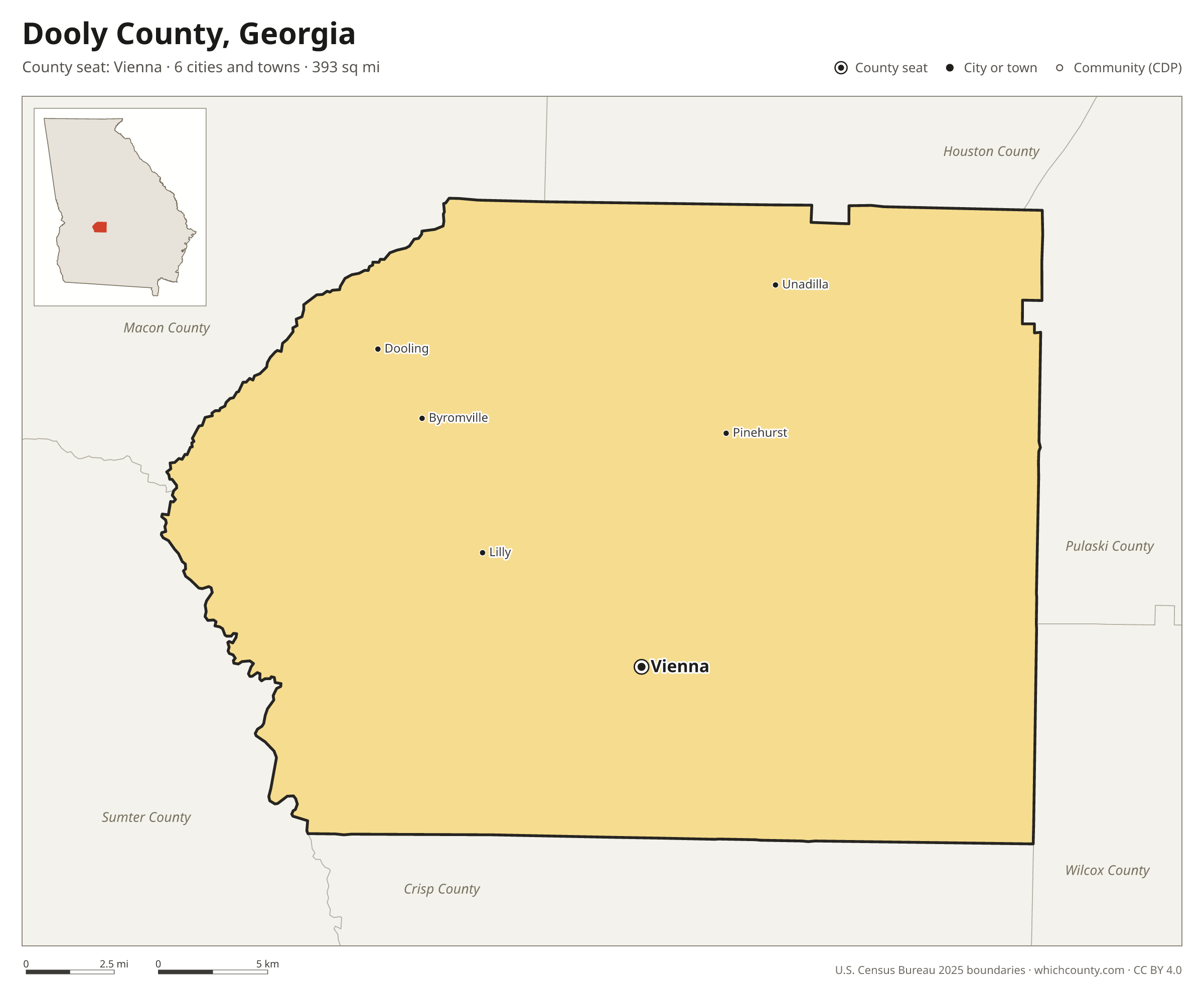 Map of Dooly County, Georgia with cities, towns and the county boundary