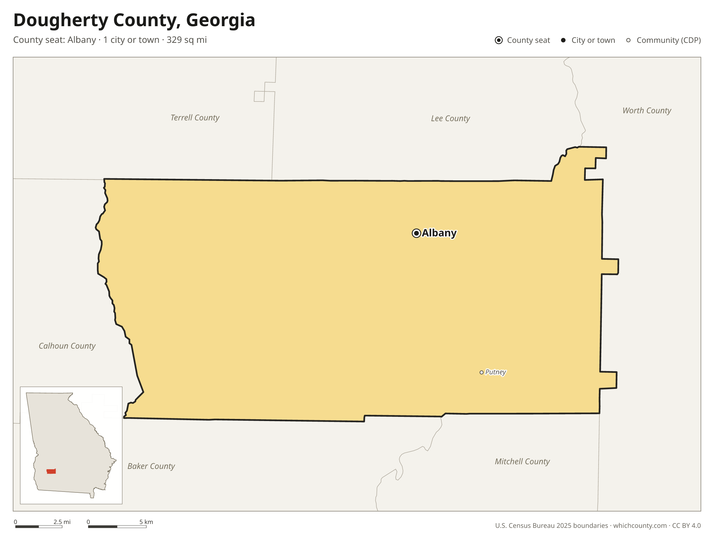 Map of Dougherty County, Georgia with cities, towns and the county boundary