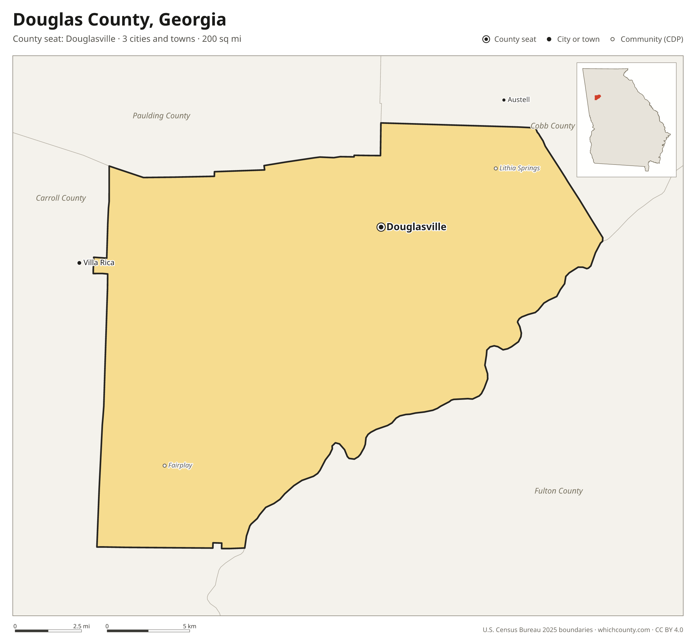 Map of Douglas County, Georgia with cities, towns and the county boundary